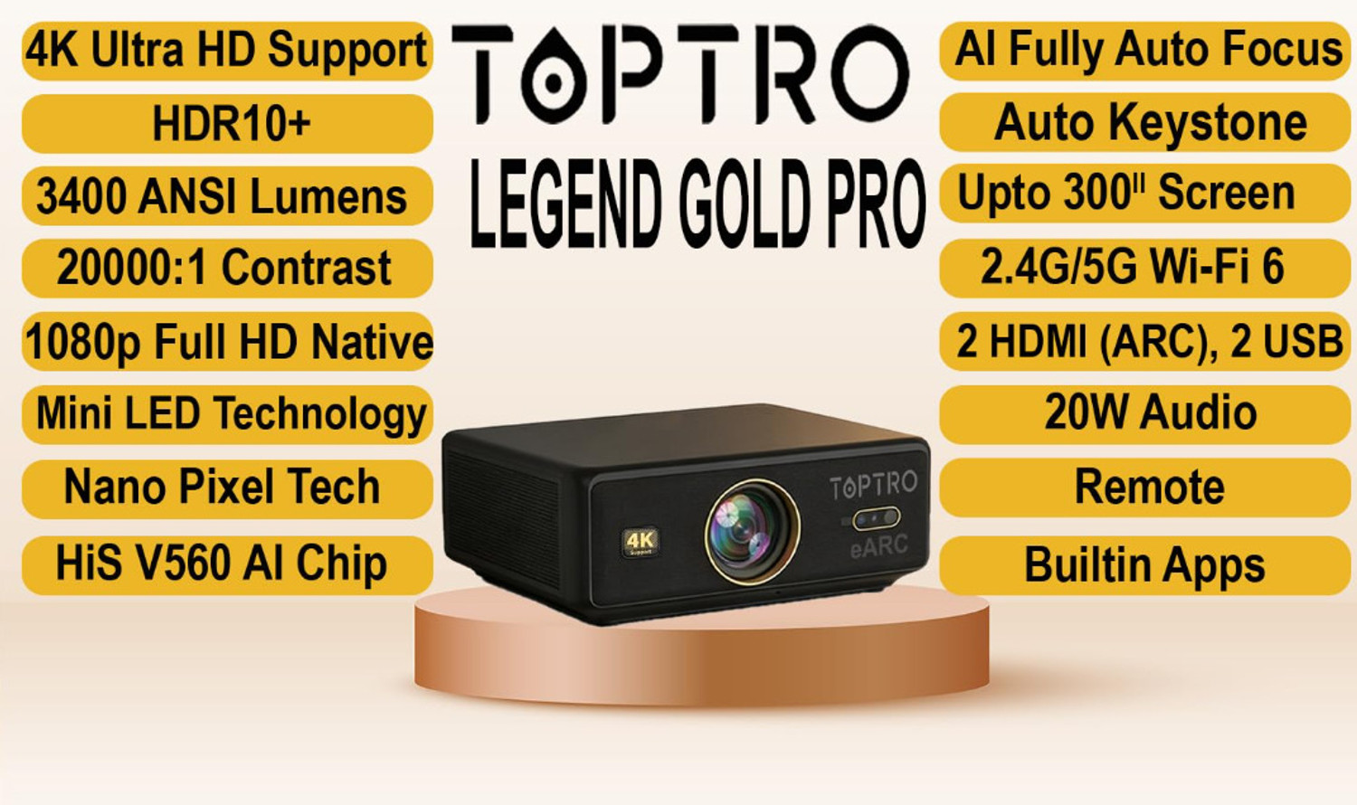 Image of Toptro Legend Gold Pro 4K HDR10 30000l HDMI ARC 4K Ultra HD Fully Sealed AI Auto Focus (40000 lm / Wireless / Remote Controller) Portable Projector (Black)