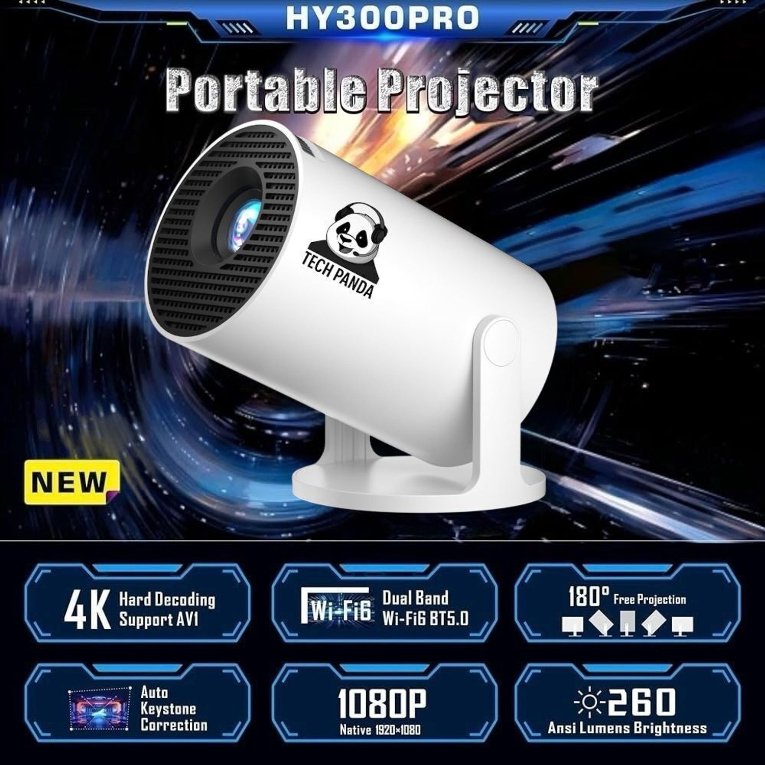 Image of TECHPANDA HY300 Pro Portable 4K Projector: 1080P Native, 260 ANSI, WiFi 6 & 180 Rotation (5000 lm / 1 Speaker / Wireless / Remote Controller) Portable Projector