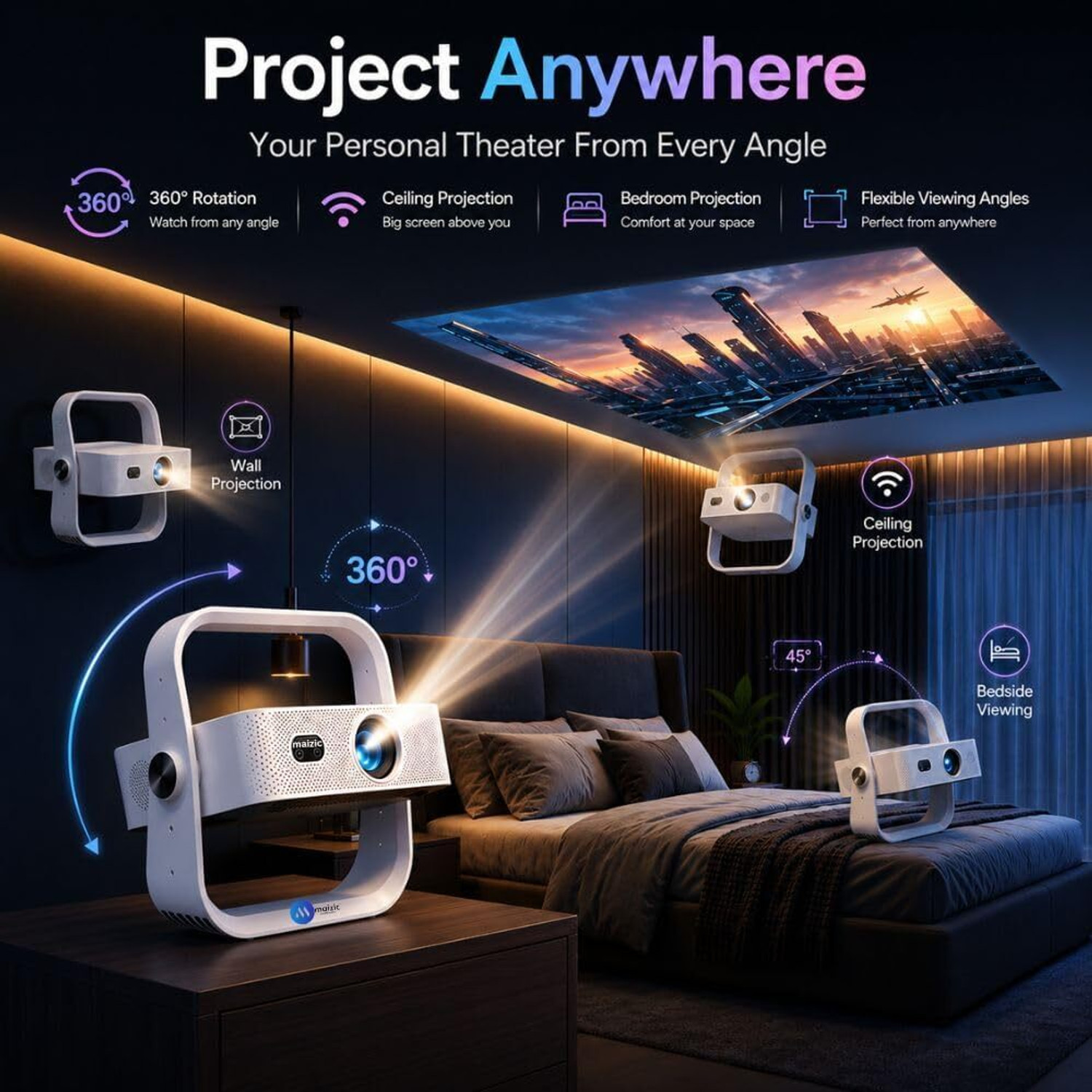 Image of Maizic Smarthome Lumora Native 1080P Smart Projector with Android 12, 15000 Lumens, 4K Support (15000 lm / Wireless) Portable Projector