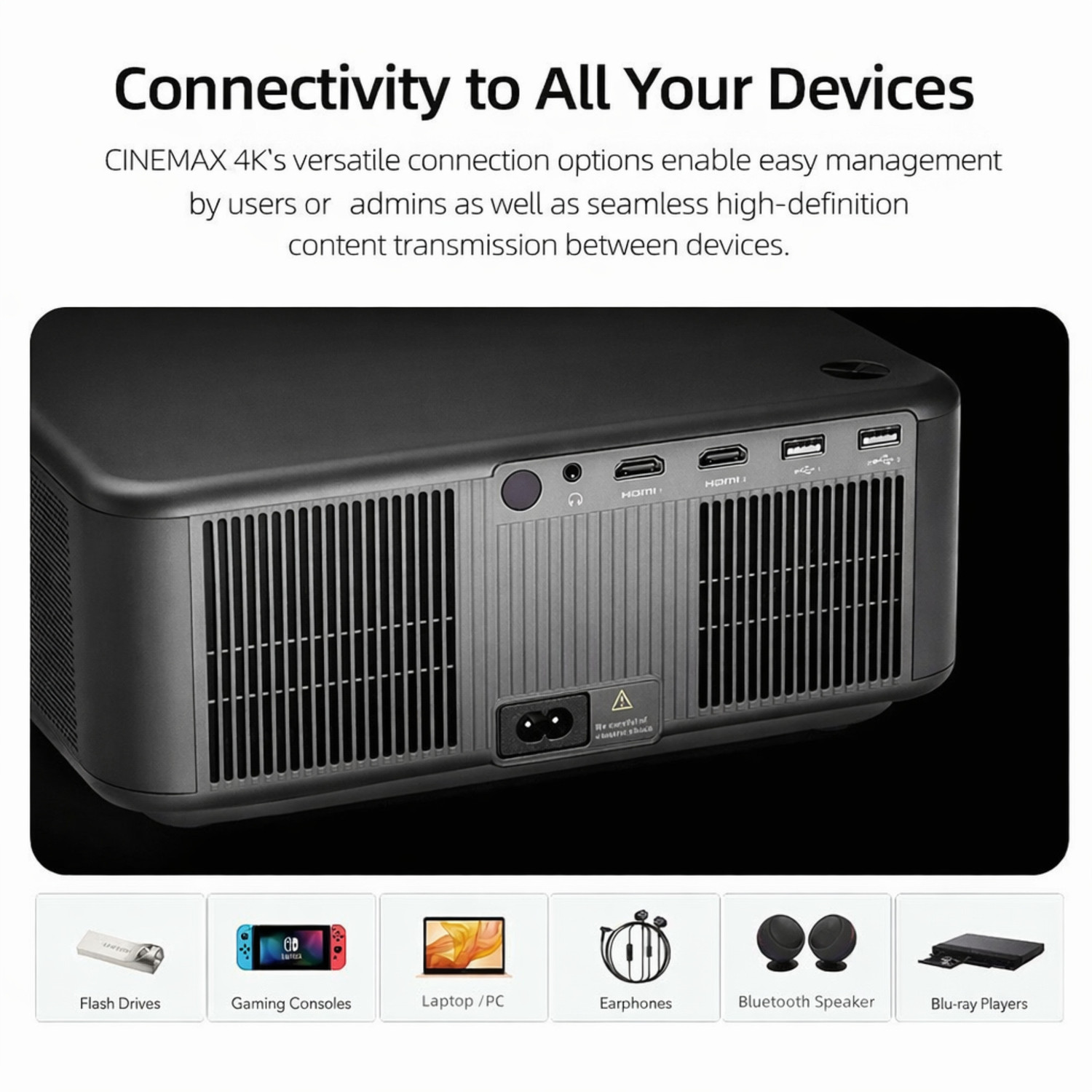 Image of Boss Projector CineMAX 4K Smart 21000 Lumens Android 12 4K HDR Auto Focus 6D Keystone (21000 lm / 2 Speaker / Wireless / Remote Controller) Portable Projector
