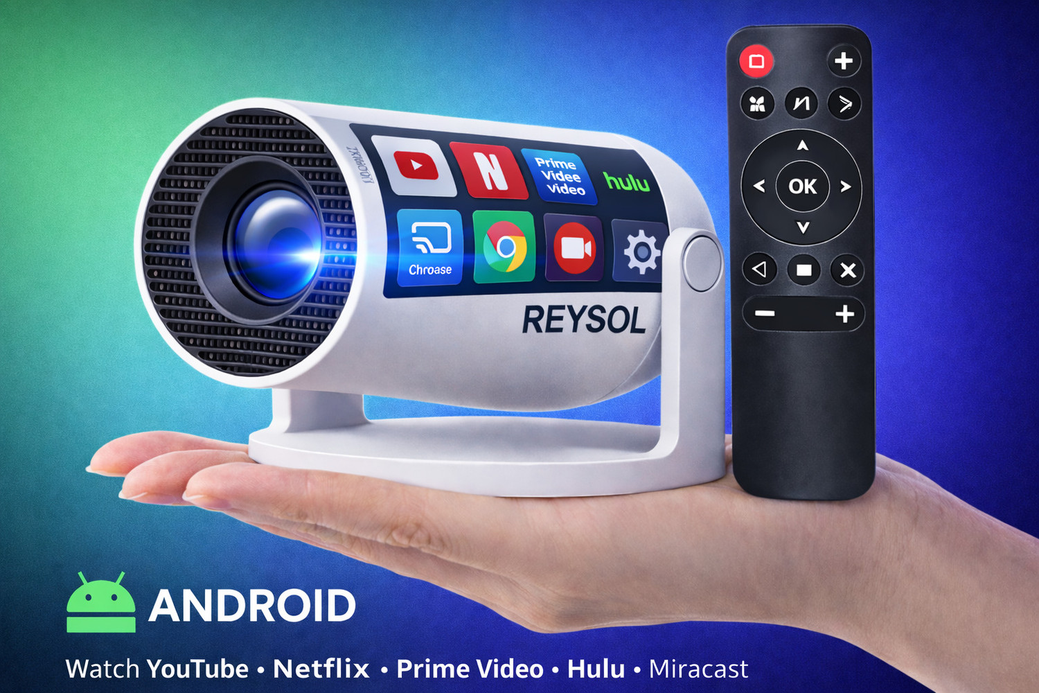 Image of Reysol Projector Android 13 Native 720P 4K Support WIFI6 Miracast 16 GB Storage (7000 lm / 1 Speaker / Wireless / Remote Controller) Portable Projector