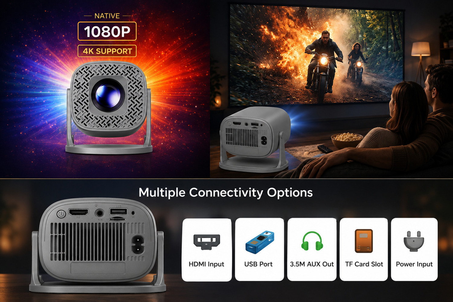 Image of Reysol Projector| Native 1080P| 4K Support|WiFi 6|Miracast|270 Rotatable|Auto Keystone (14000 lm / 1 Speaker / Wireless / Remote Controller) Portable Projector