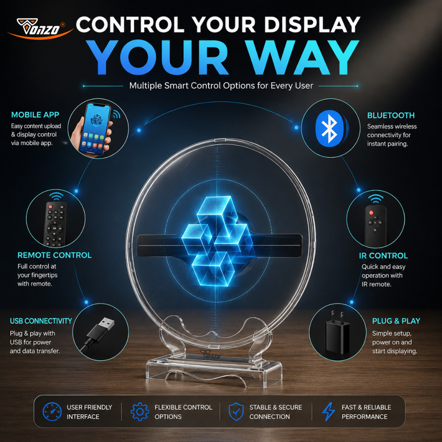 Image of TONZO 18cm HD 3D 220 LED Hologram Fan for Home Decor & Shop Counters, Tabletop Display (4000 lm / Wireless / Remote Controller) Portable Projector