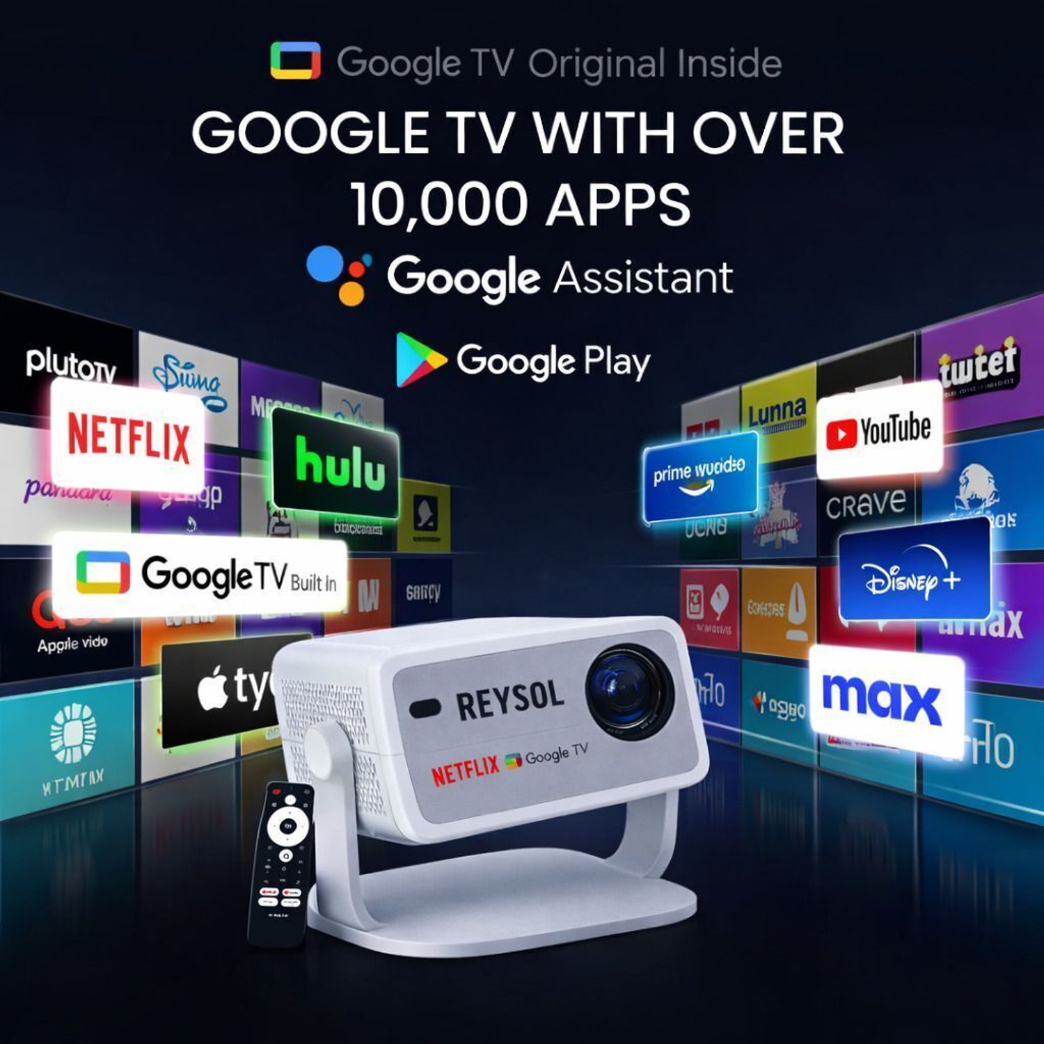 Image of Reysol Projector Official Goo-gle TV&Net-Flix Inside 1080P SUPPORT 4K|Auto Keystone (27000 lm / 1 Speaker / Wireless / Remote Controller) Portable Projector