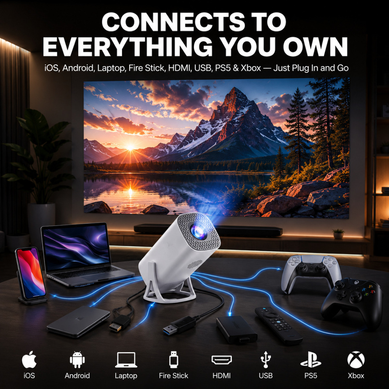 Image of RV Enterprises Android 11.0 Smart Projector, 1080P & 4K Support , 2X Brighter, 2.4G & 5G Wifi (8400 lm / 1 Speaker / Wireless / Remote Controller) Portable Projector