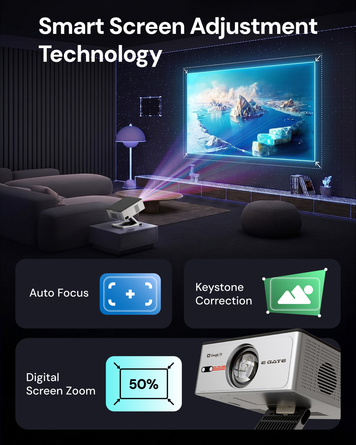 Image of Egate Zen 8X Official Google TV|Certified Apps Netflix, Prime|1080p Native 4k support (17500 lm / 1 Speaker / Wireless / Remote Controller) Projector