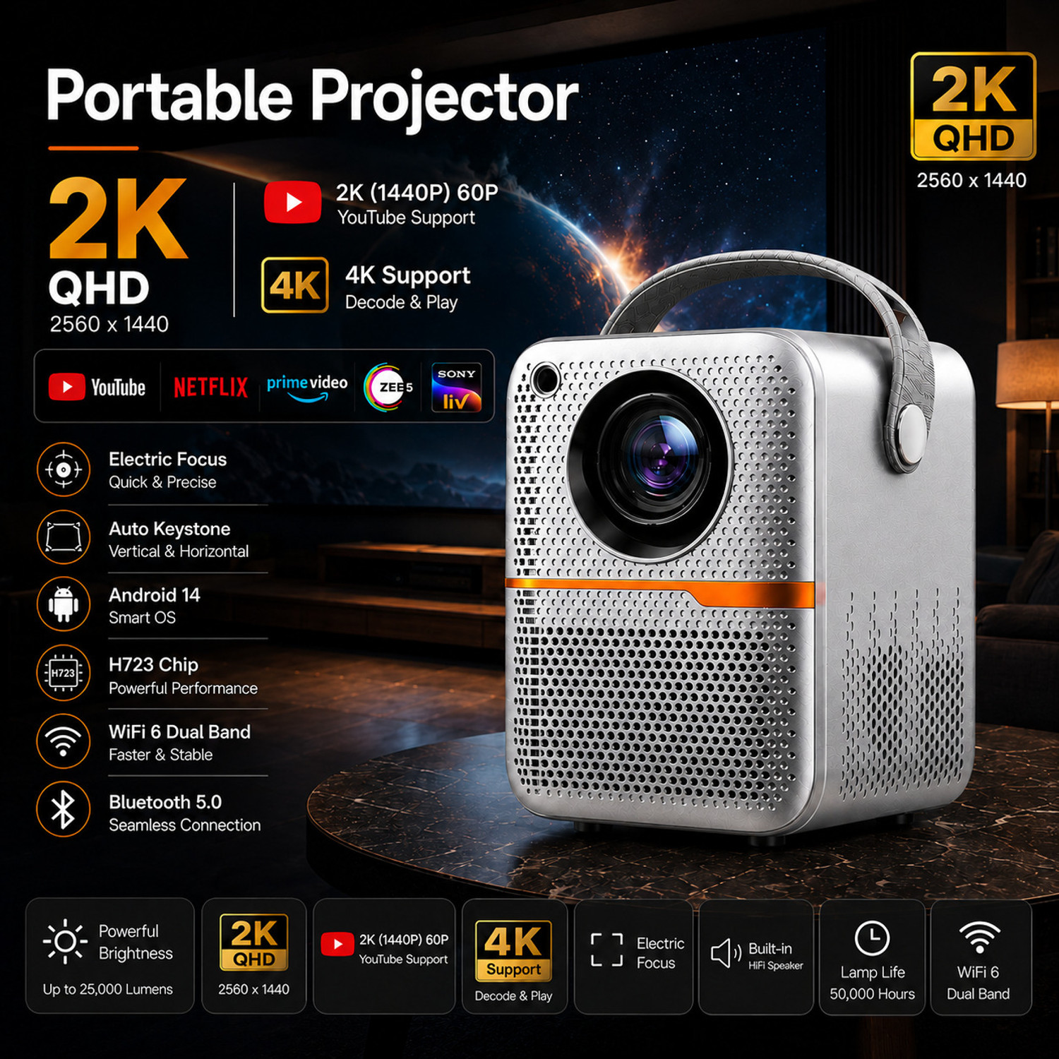 Image of Reysol 2K Projector|25000 Lumens High Brightness|WiFi & Miracast | Android 14 (25000 lm / 1 Speaker / Wireless / Remote Controller) Portable Projector