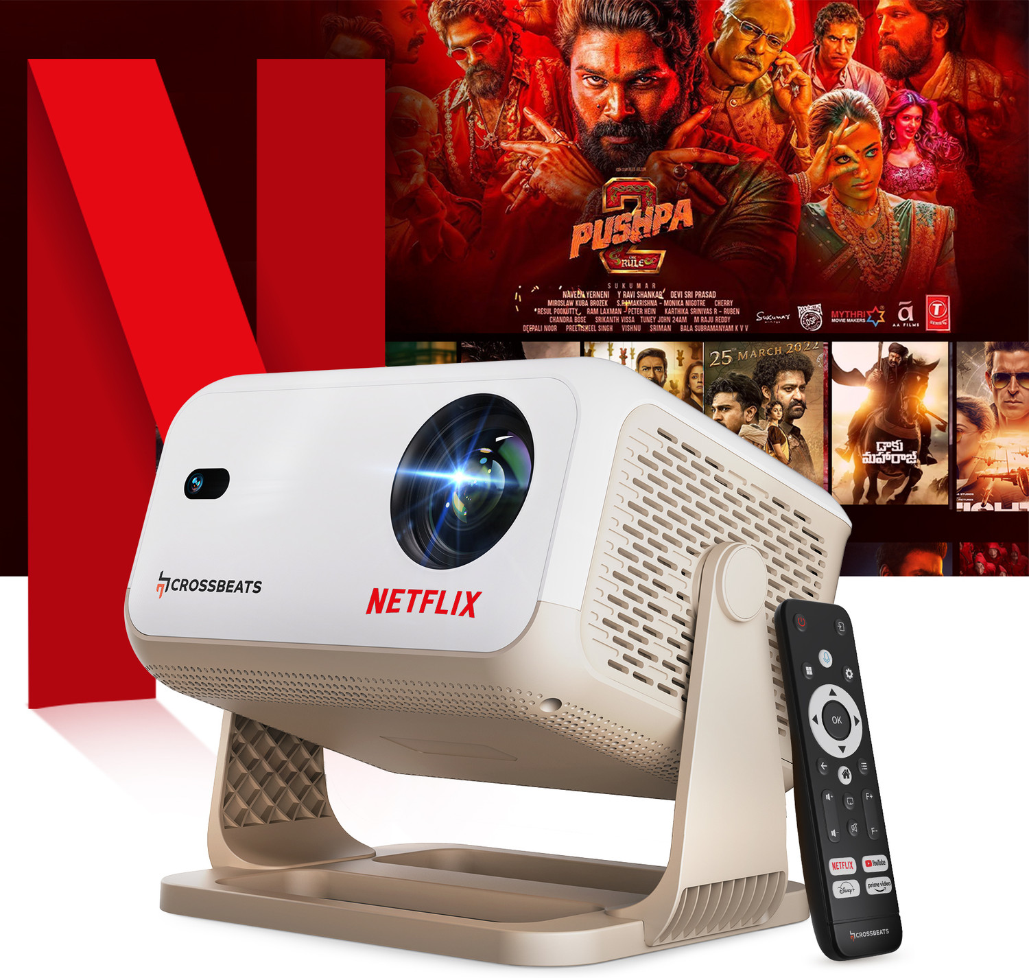 Image of CrossBeats Lume Flix[Netflix Official License]4k Ultra HD,1080p Native,Smart Mini for Room (16000 lm / 1 Speaker / Wireless / Remote Controller) Portable with Home Cinema, Built-in Apps, 300 inchDisplay Projector