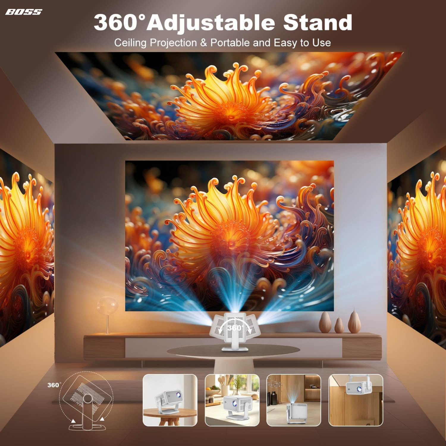 Image of Boss Projector Elite 7 Pro Smart Cinema Projector 10000 Lumens 4K Resolution (10000 lm / 2 Speaker / Wireless / Remote Controller) Portable Projector