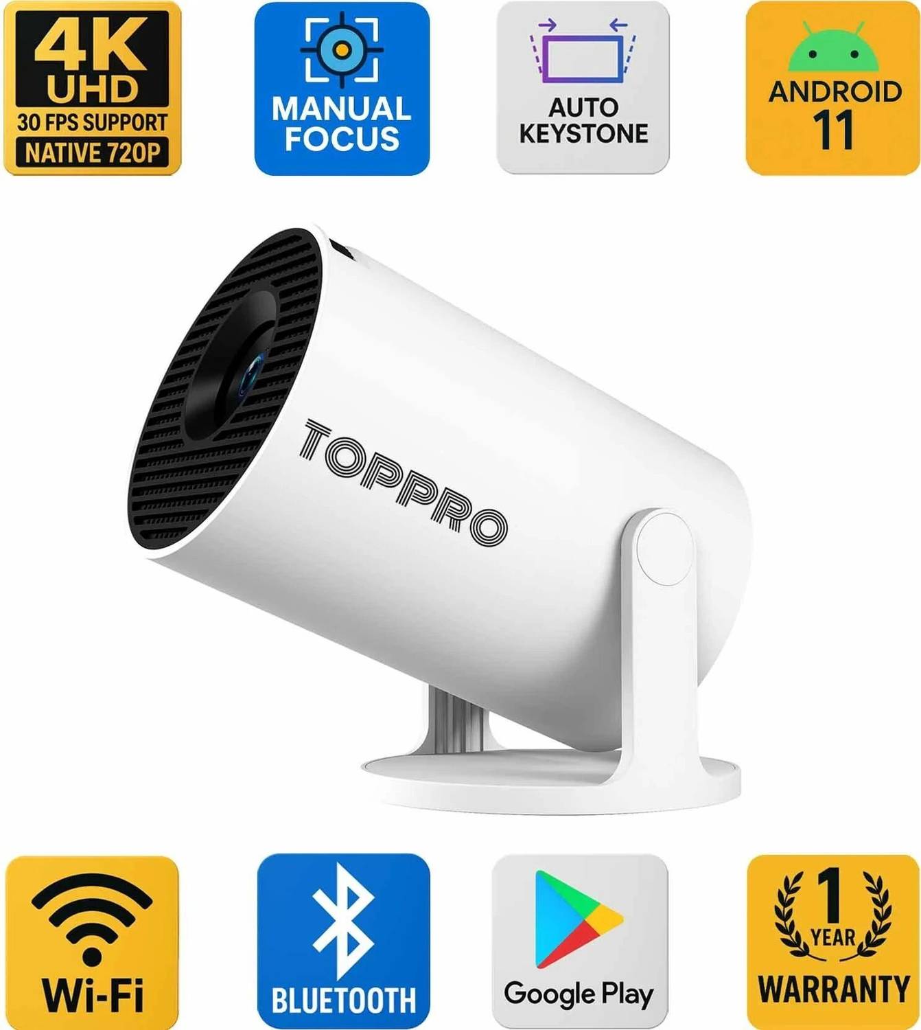 TOPPRO HY300PRO+ | 4K Support Android Projector | Native 720p | Freestyle WiFi Miracast (4500 lm / 1 Speaker / Wireless / Remote Controller) Portable Projector
