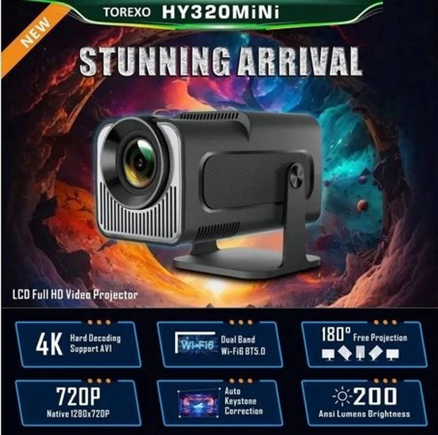 Image of Divine creation HY320 Mini 4K Support Smart Android 13 Projector with WiFi 6 HD Home Theater B34 (5000 lm / Wireless / Remote Controller) Portable Projector