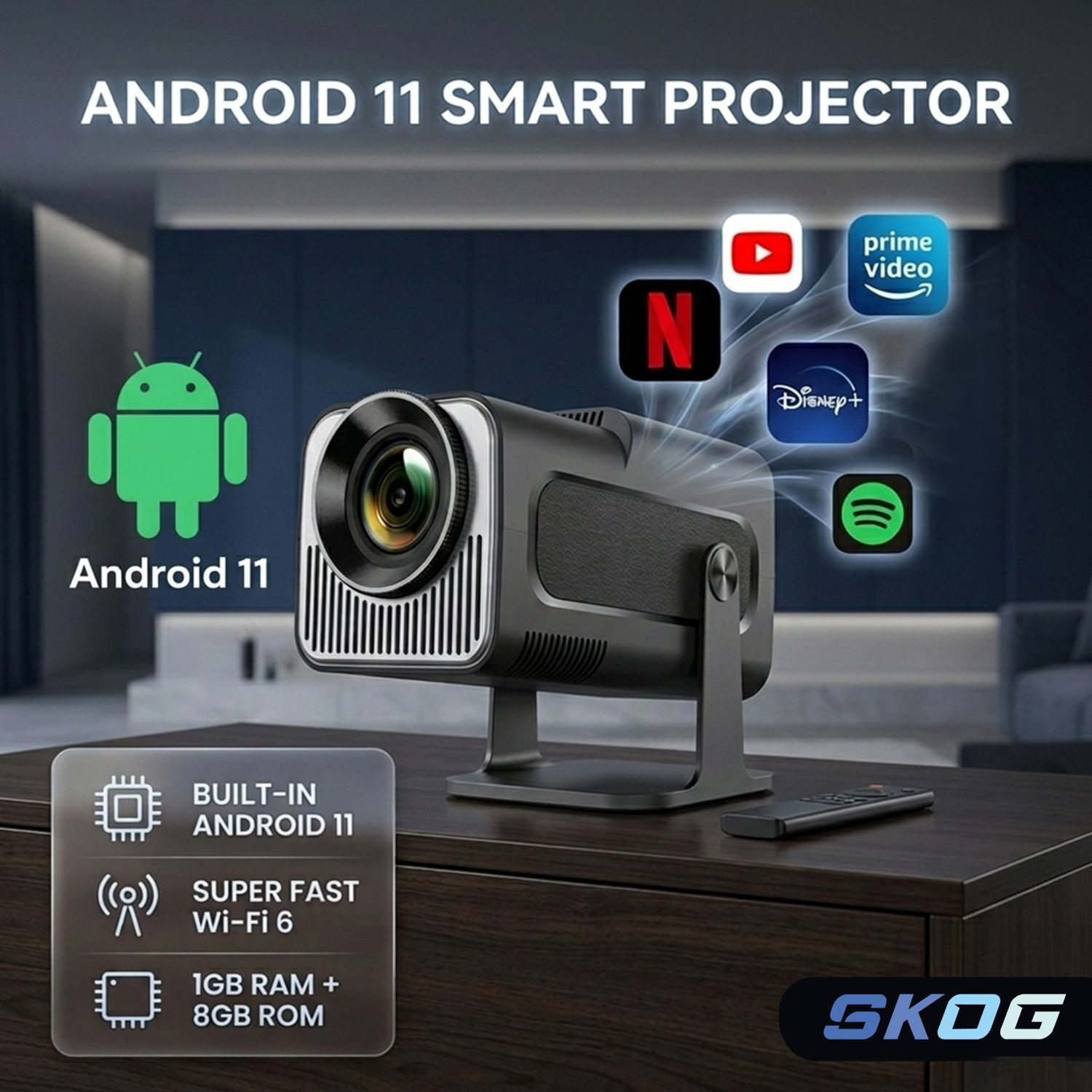 Image of SKOG 4K Support Native HD Android 11 WiFi 6 /BT 5.0 Freestyle Auto Keystone (4500 lm / 1 Speaker / Wireless / Remote Controller) Portable Projector