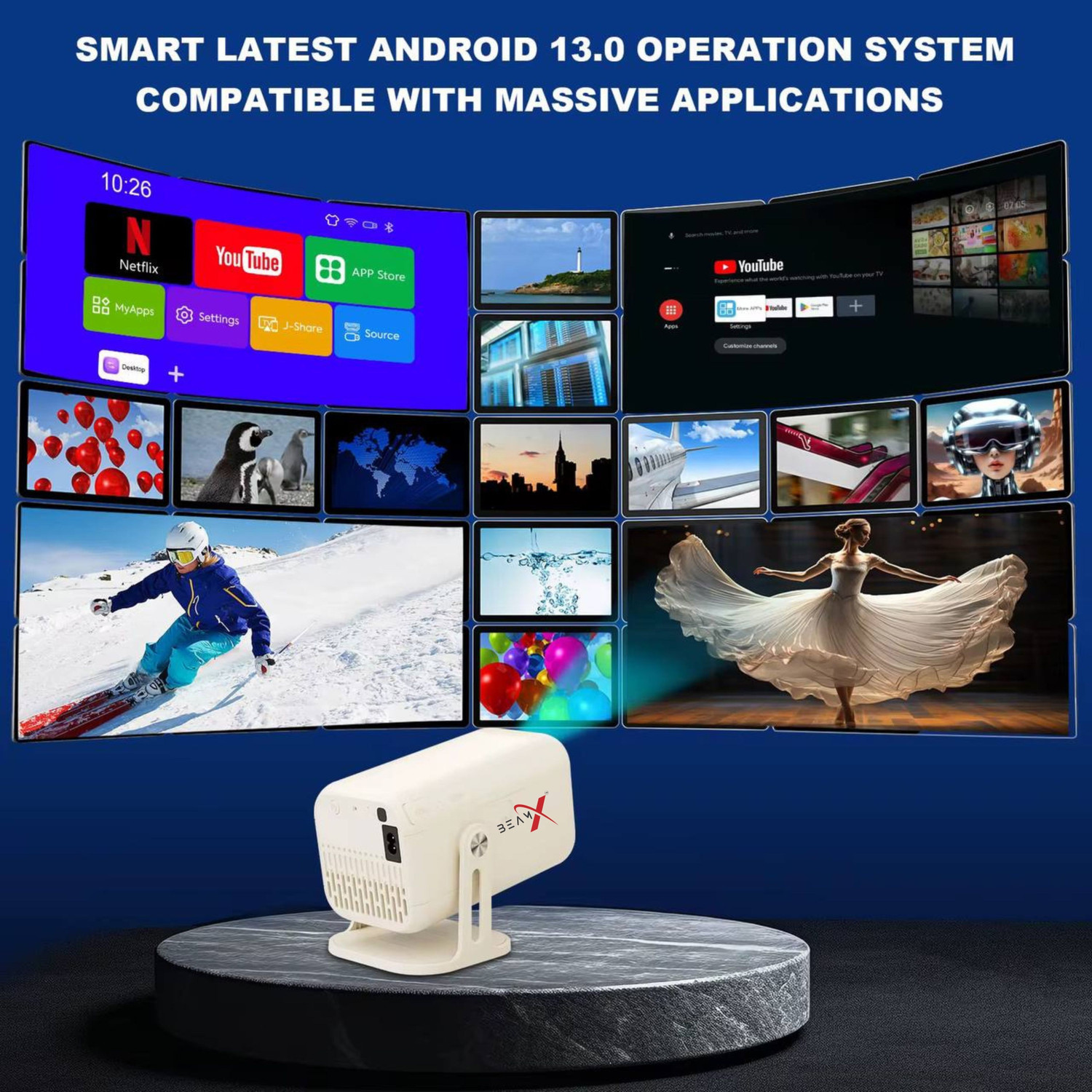Image of BeamX ELITE 2+32GB Ultra Smooth 6X Brighter Android13 Voice Assistant 4K+Dolby Support (16000 lm / 1 Speaker / Wireless / Remote Controller) Portable Projector