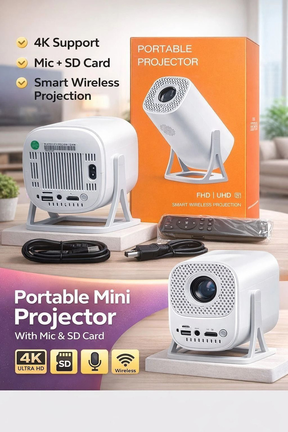Image of OOTERI Portable Mini LED Smart Projector for Home Theater, Mobile, Laptop (6000 lm) Portable Projector