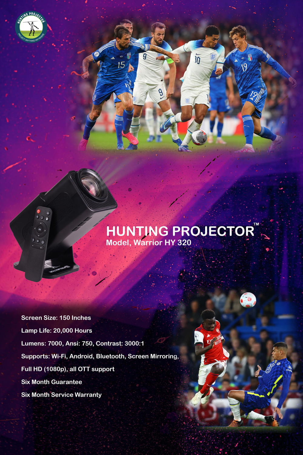 Image of HUNTING PROJECTOR Warrior HY 320(Full HD 1080p / 750 ANSI /20000 HRS) (7000 lm / Wireless / Remote Controller) Portable Projector