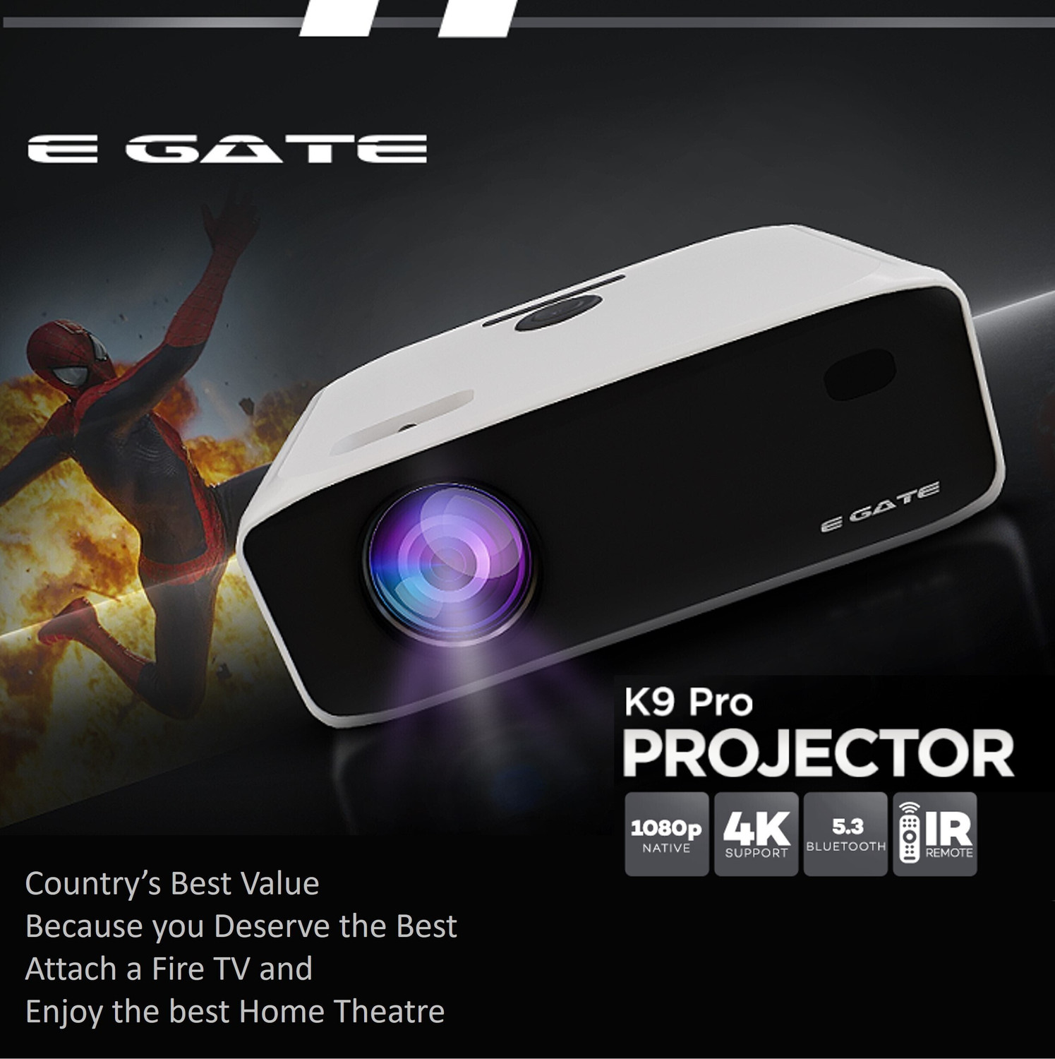 Image of Egate K9 Pro / EO9022 (13500 lm / 1 Speaker / Wireless / Remote Controller) Full HD 1080p Native with 4K Ultra HD Support with 750 FC | Brightest in Segment | 635cm Max Screen | 5W Inbuilt Speaker | 3XHDMI, 2XUSB, AV, Aux | Ultra Bright Projector