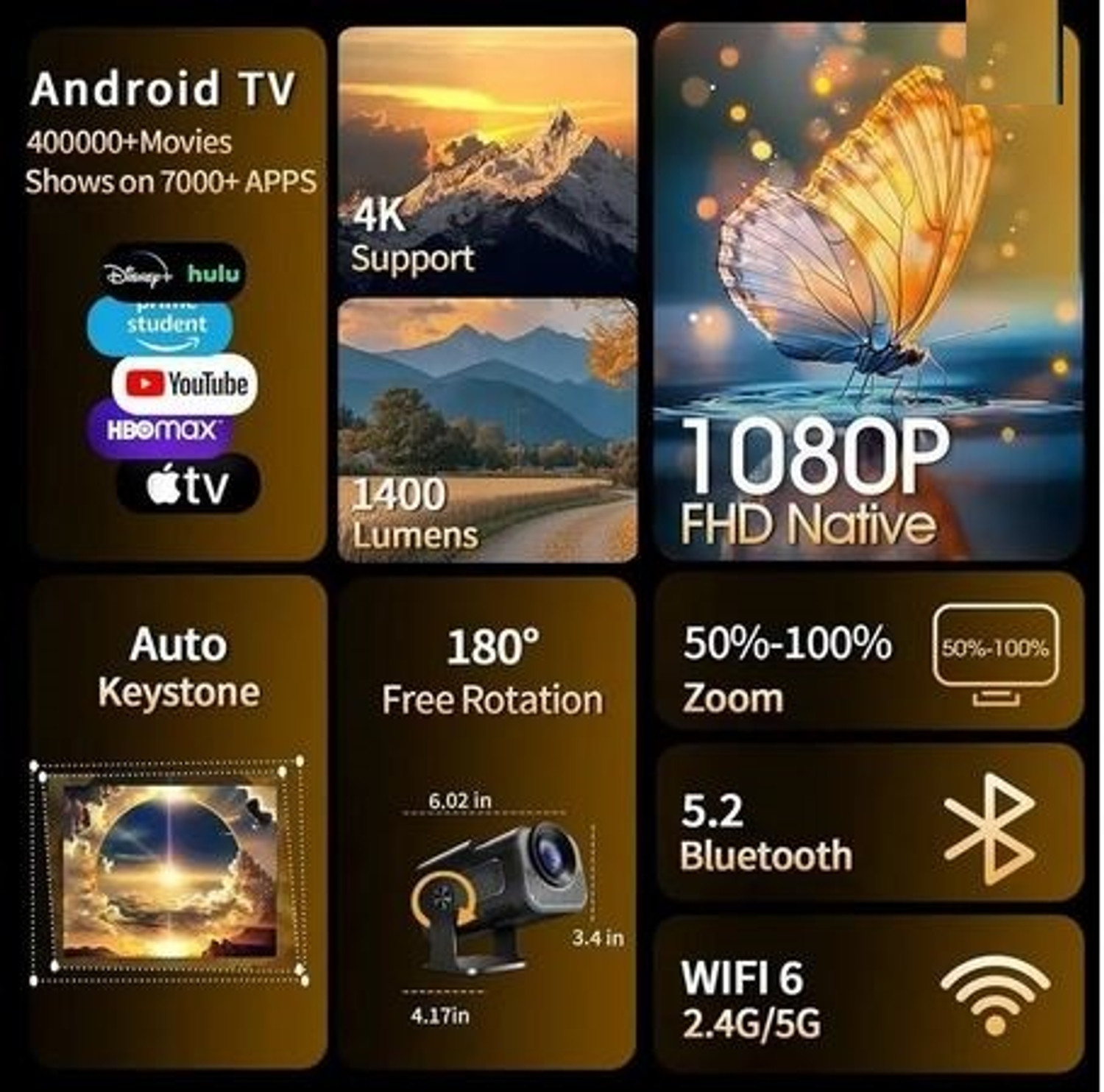 Image of ONLY4 HY320 Mini 4K Support Android 13 WiFi 6 /BT 5.0 2GB /16GB Auto Keystone (5000 lm) Portable Projector