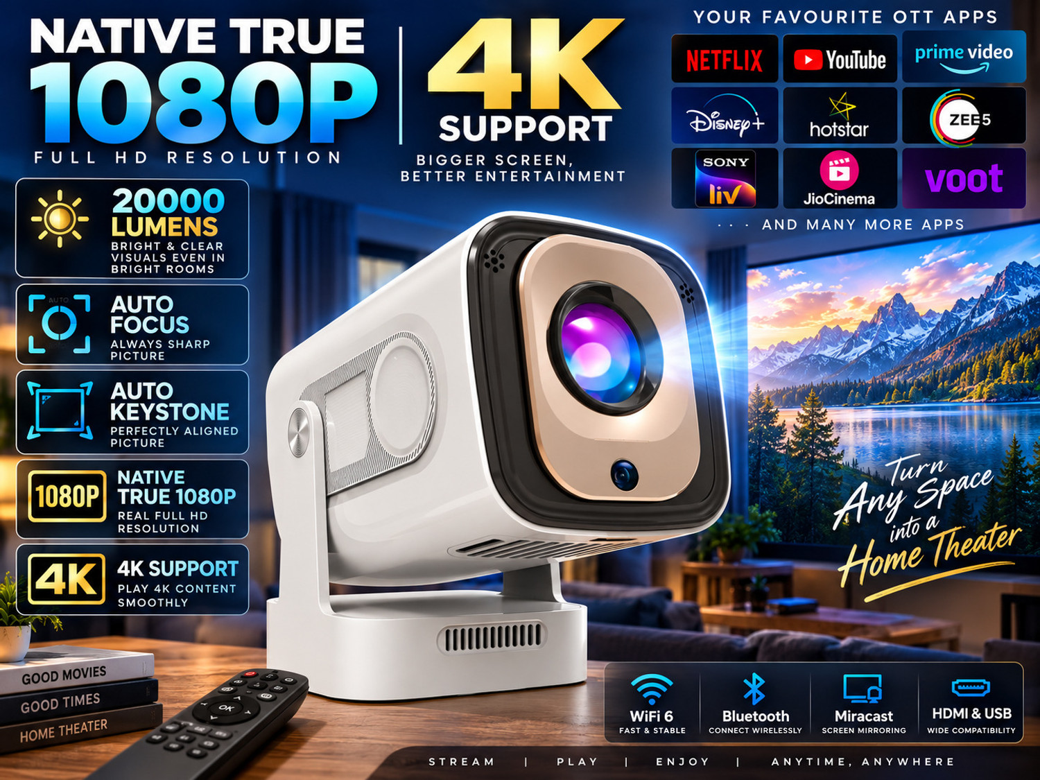 Image of Reysol Projector|Native 1080P|4K Support|WiFi|Brighter 20000 lumens|Auto Focus&keystone (20000 lm / 1 Speaker / Wireless / Remote Controller) Portable Projector (Multicolor)