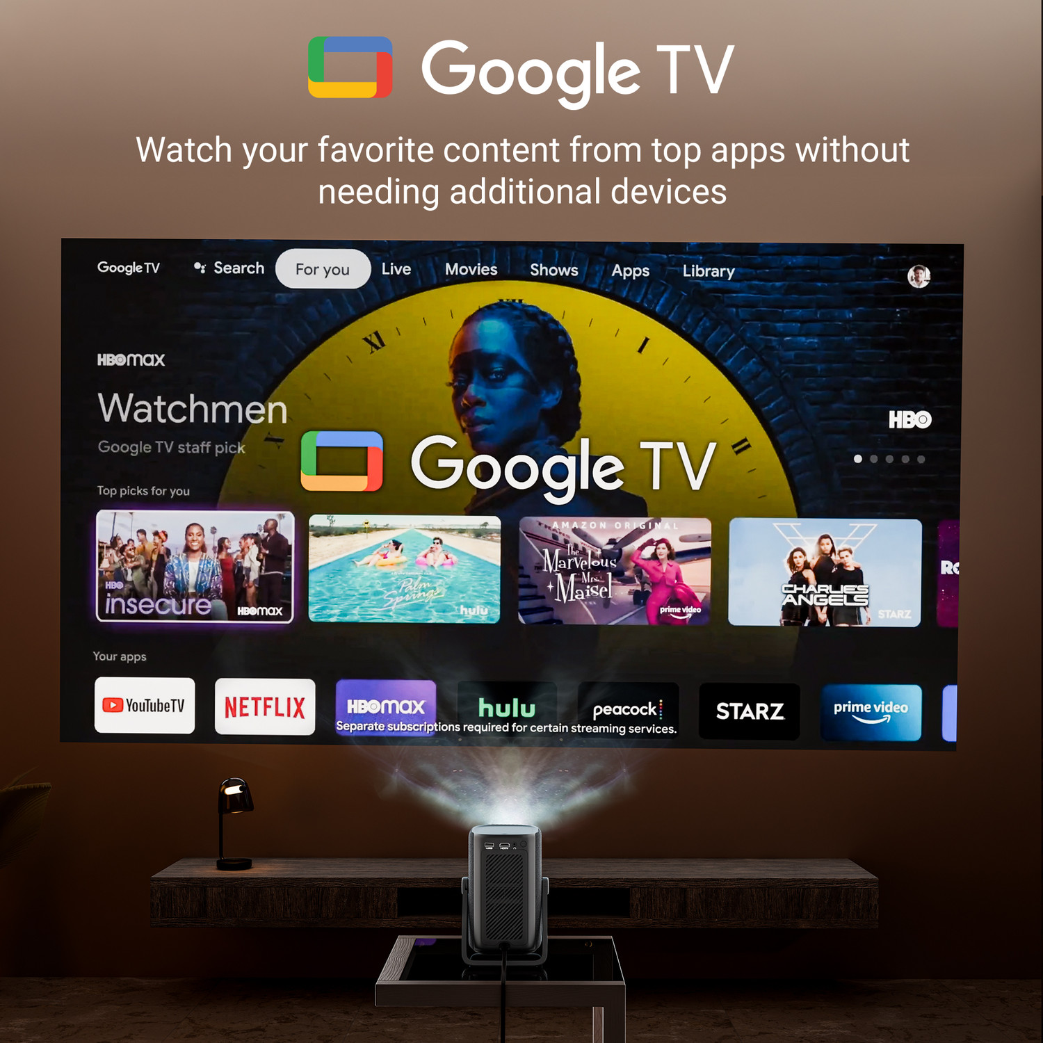 Image of ZEBRONICS Official Google TV Projector (7500 lm / Wireless / Remote Controller) Portable 4K Support, 200 Display, Auto Focus & Keystone, 270 Tilt, Portable Home Theater Cinema, Netflix, Prime, WiFi, BT, HDMI ARC (PixaPlay 77G) Projector