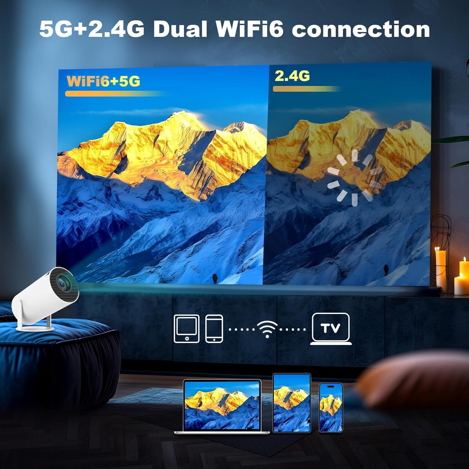 Image of EarShades HY-300 4K Ultra HD Smart Mini Projector with WiFi, Android System E263 (4500 lm / 1 Speaker / Remote Controller) Portable Projector
