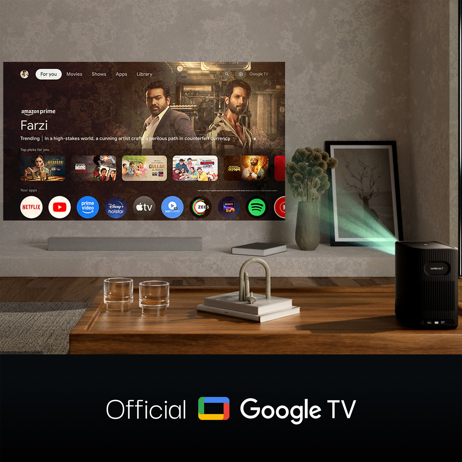 Image of Lumio Arc 7 (400 lm / 2 Speaker / Wireless / Remote Controller) Portable Official Google TV & Netflix, Native 1080p Full HD, 4K Support, 100 inch Screen, Auto Keystone, Obstacle Avoidance, Dolby Audio, 16W Bluetooth Speaker Projector