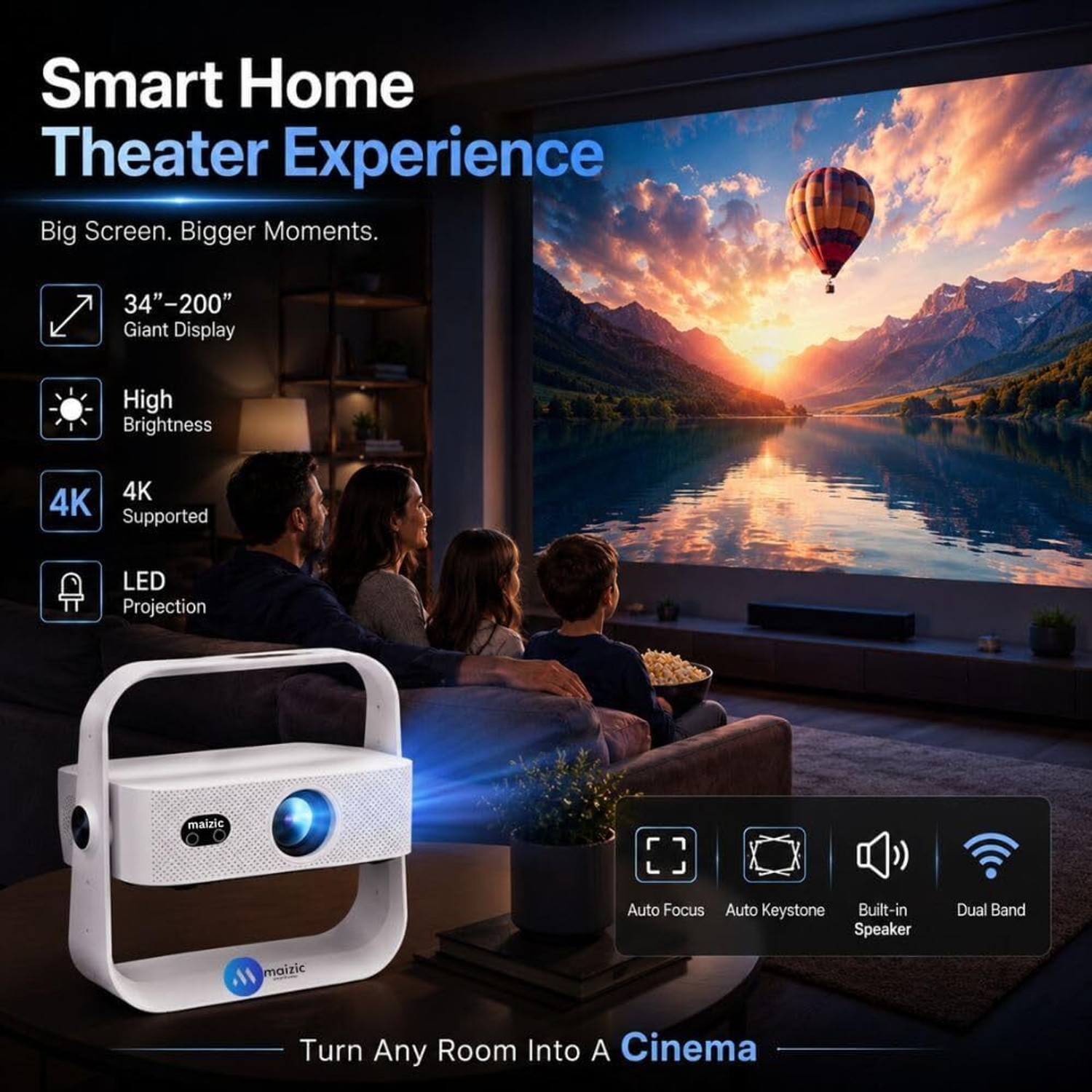 Image of Maizic Smarthome Lumora Native 1080P Smart Projector with Android 12, 15000 Lumens, 4K Support (15000 lm / Wireless) Portable Projector