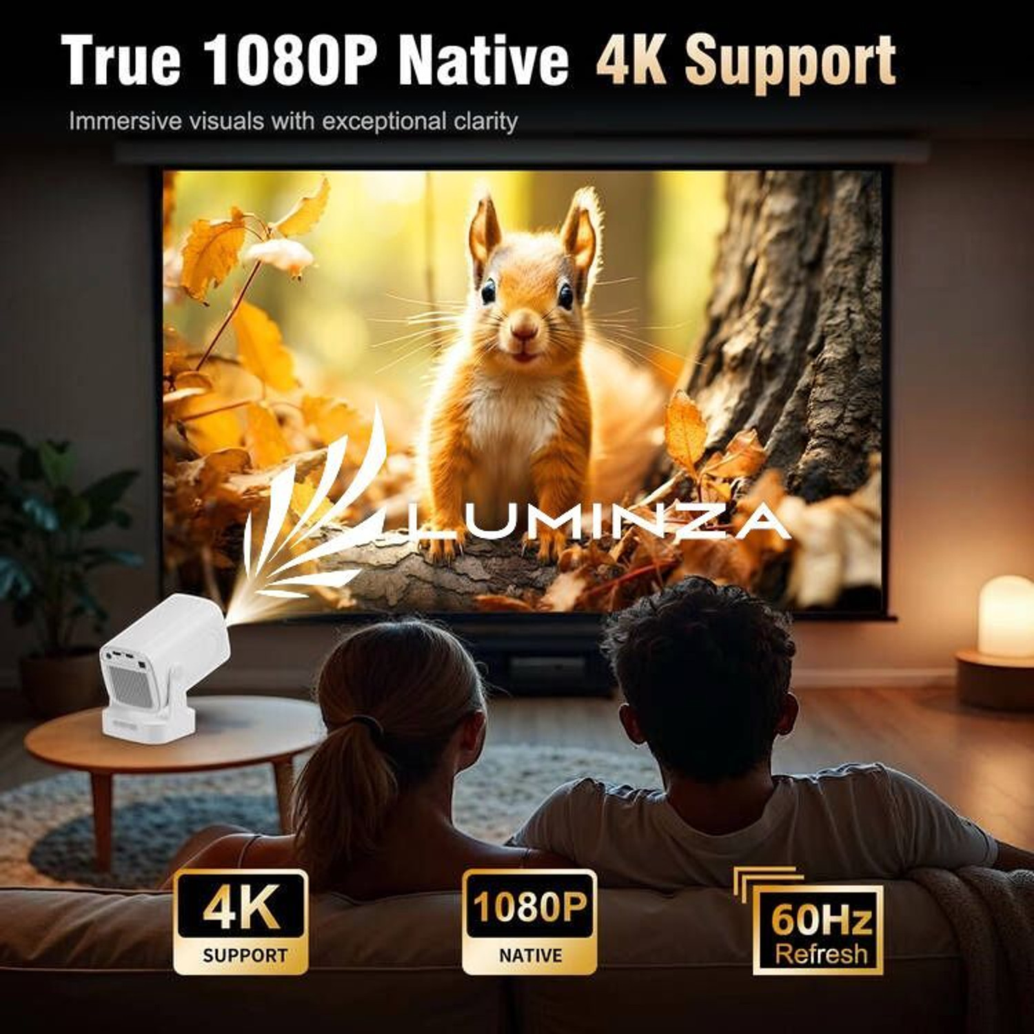 Image of LUMINZA HY260Pro 4K Smart Projector, Auto Focus, 1080P Native, WiFi 6, BT 5.4 (2000 lm / 1 Speaker / Wireless / Remote Controller) Portable Projector