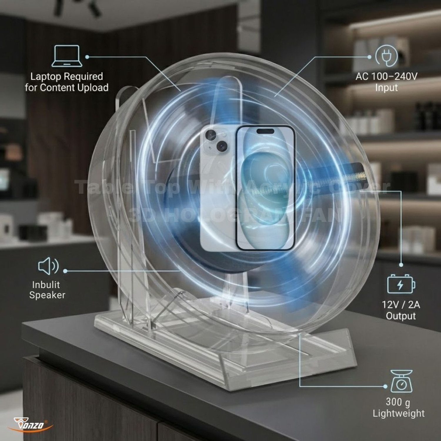 Image of TONZO 11cm 3D Hologram Fan Display 48 LED App Control (4000 lm / Wireless / Remote Controller) Portable Projector