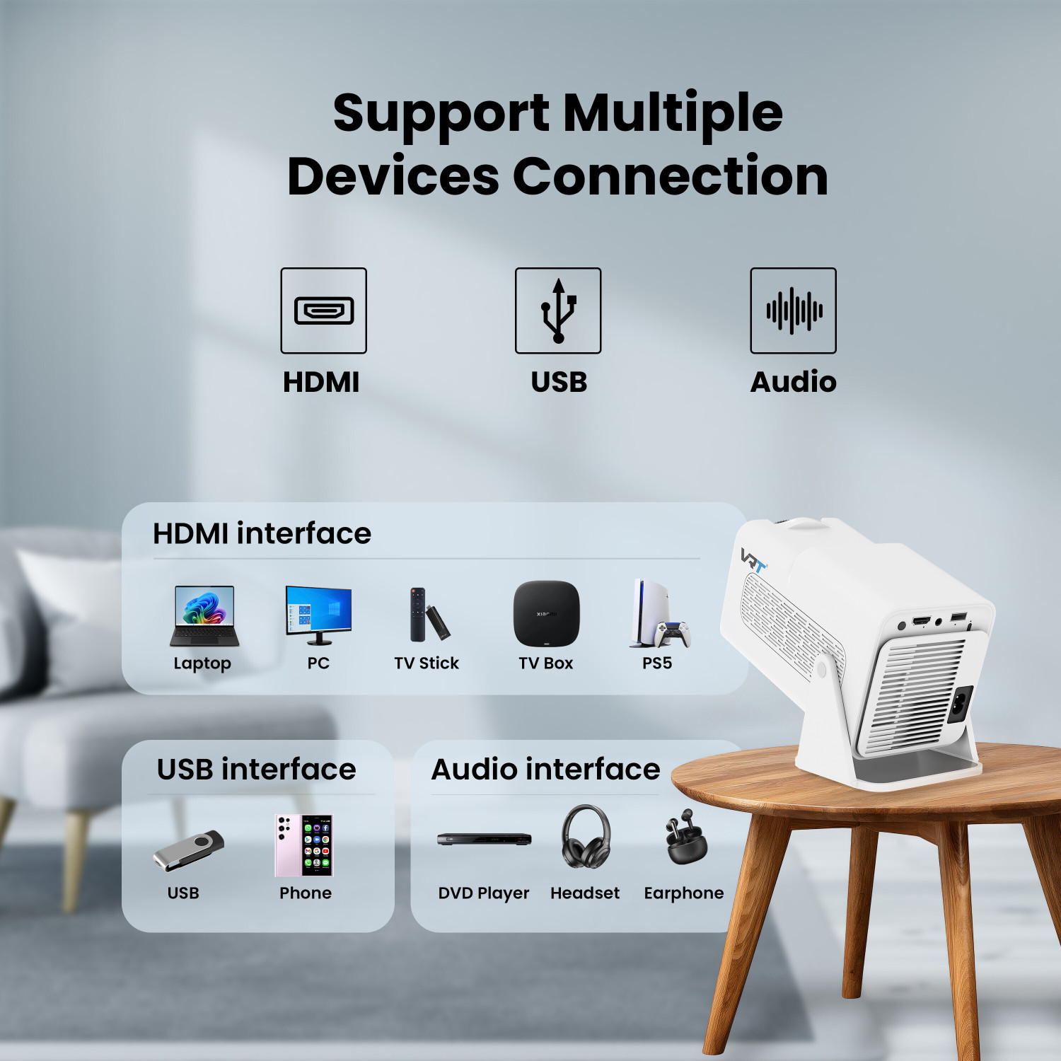 Image of VRT Smart LED Projector N600|1080P Native|4K HDR|Android 13|Auto Keystone (8400 lm / 1 Speaker / Wireless / Remote Controller) Portable Projector