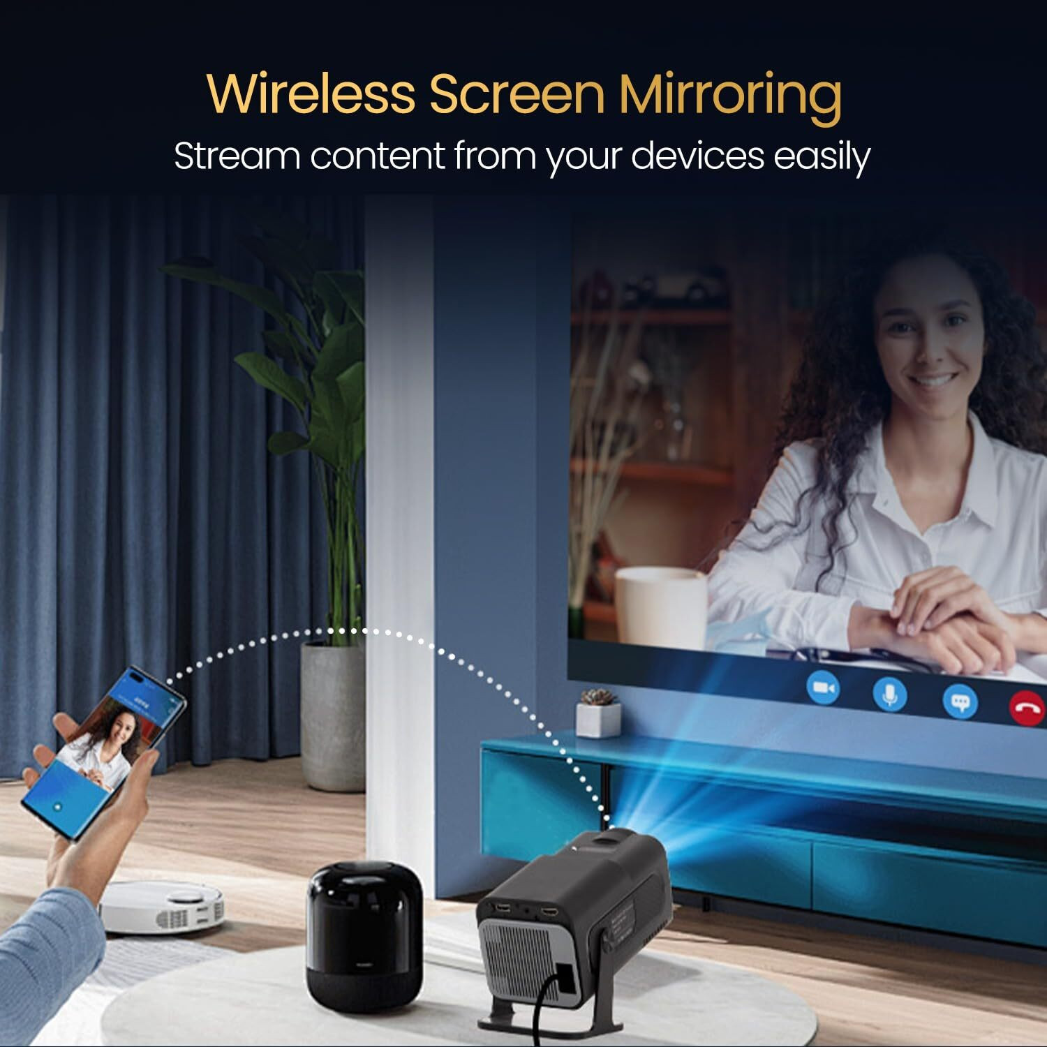 Image of AVOIHS Smart Mini Projector Portable HD LED Projector for Phone Laptop Home Theater (4500 lm / 1 Speaker / Wireless / Remote Controller) Portable Projector