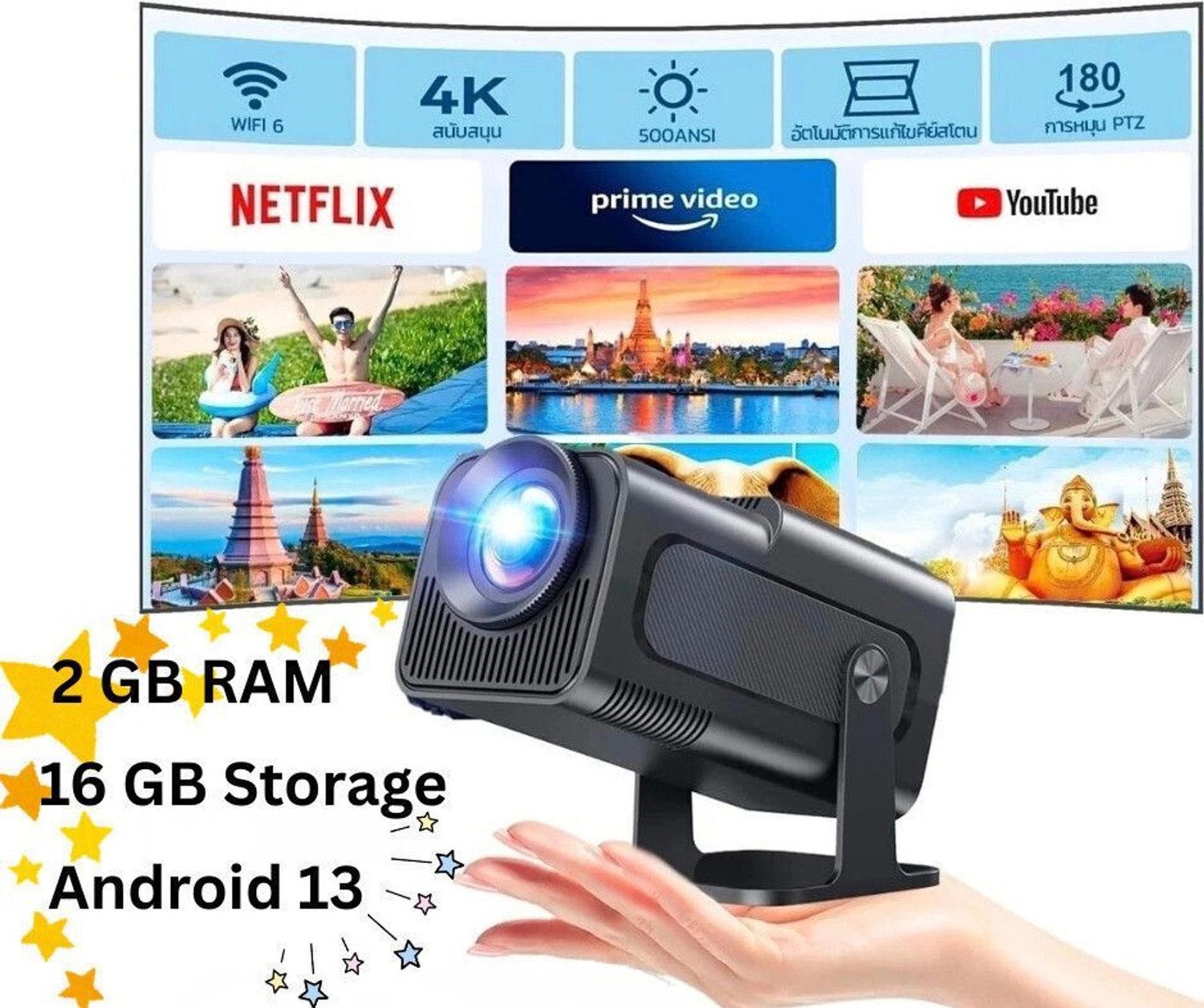 Image of Divine creation HY320 Mini 4K Support Smart Android 13 Projector with WiFi 6 HD Home Theater B67 (5000 lm / Wireless / Remote Controller) Portable Projector