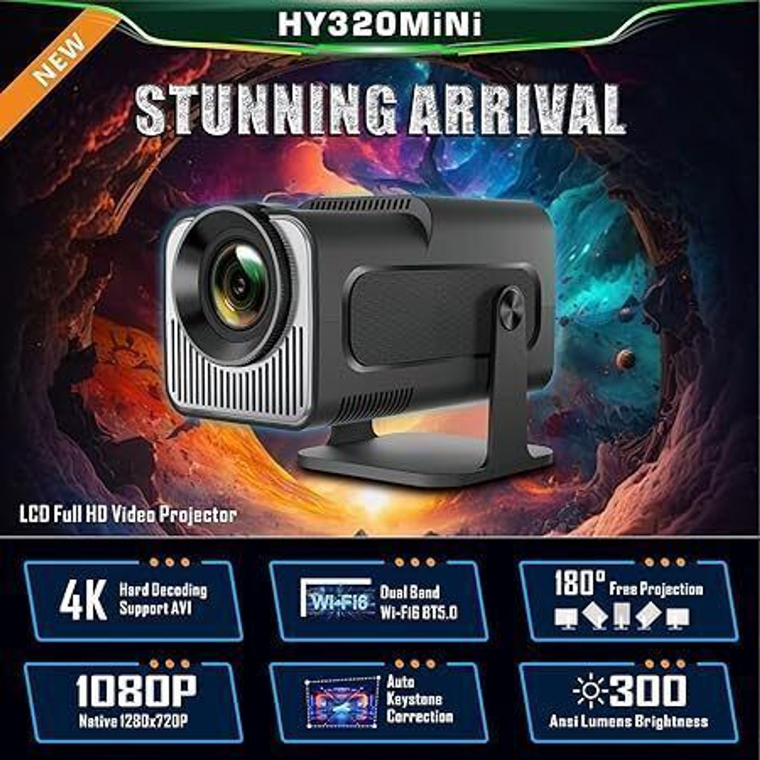 Image of GREENSKY Square Smart Mini Projector | Native 720P HD (5000 lm / 1 Speaker / Wireless / Remote Controller) Portable Projector