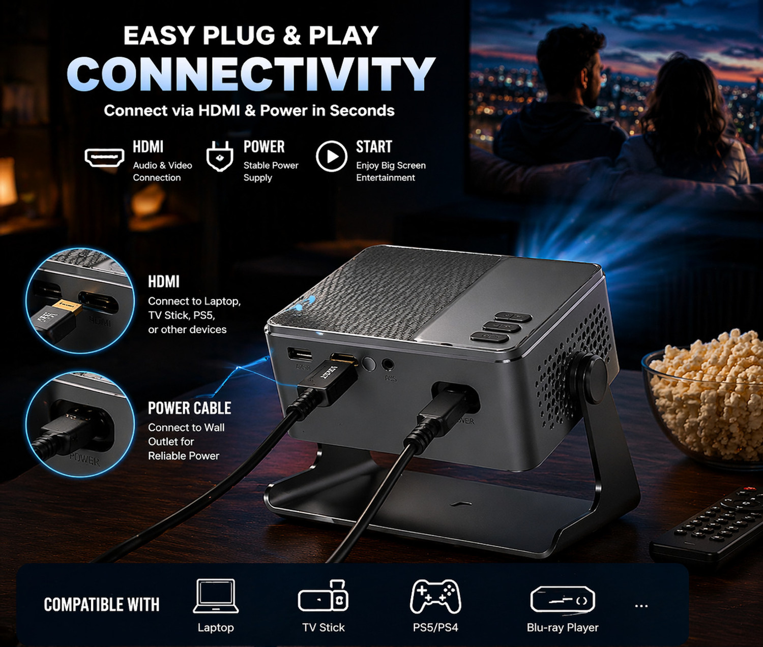 Image of Reysol Projector|Native 1080P|4K Support|WiFi|Miracast|Brighter 20000 lumens|Auto Keyst (20000 lm / 1 Speaker / Wireless / Remote Controller) Portable Projector