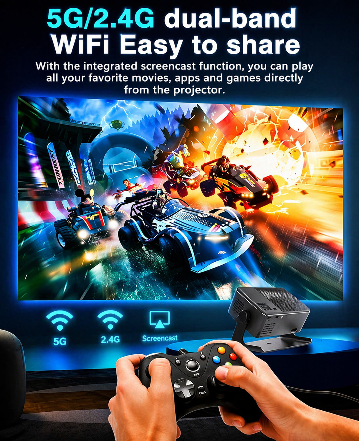 Image of Reysol Projector|Native 1080P|4K Support|WiFi|Miracast|Brighter 20000 lumens|Auto Keyst (20000 lm / 1 Speaker / Wireless / Remote Controller) Portable Projector