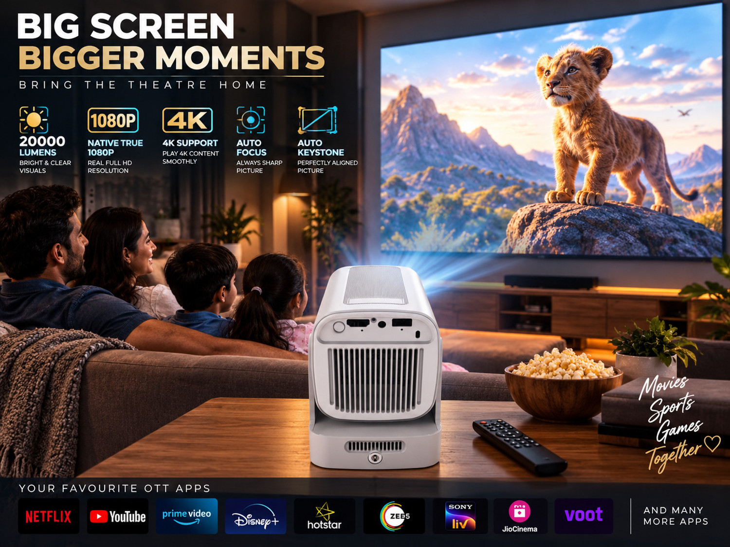 Image of Reysol Projector|Native 1080P|4K Support|WiFi|Brighter 20000 lumens|Auto Focus&keystone (20000 lm / 1 Speaker / Wireless / Remote Controller) Portable Projector (Multicolor)