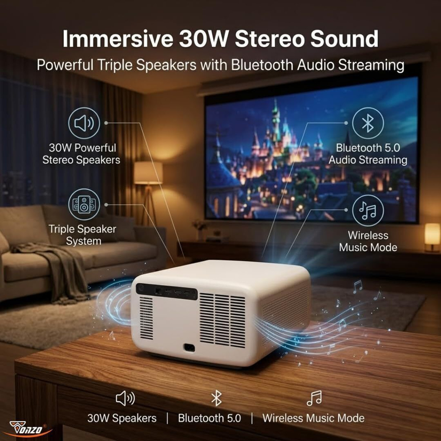 Image of TONZO Max Vision Ultra (3200 lm / 3 Speaker / Wireless / Remote Controller) Portable Projector