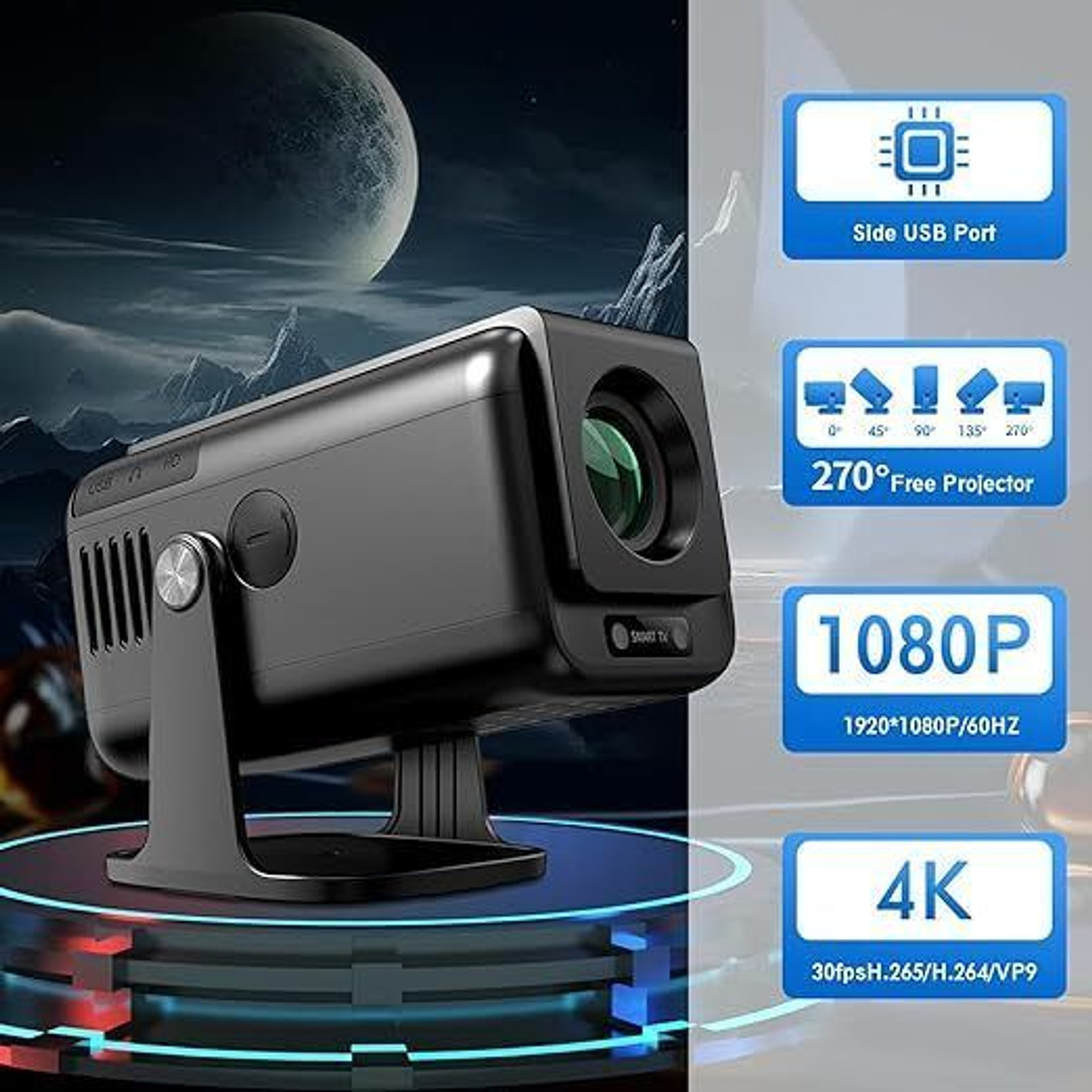 Image of Reysol Projector 13.O Android Native 1080P 4K Support Dual-Band WIFI6 5G Wireless (12500 lm / 1 Speaker / Wireless / Remote Controller) Portable Projector