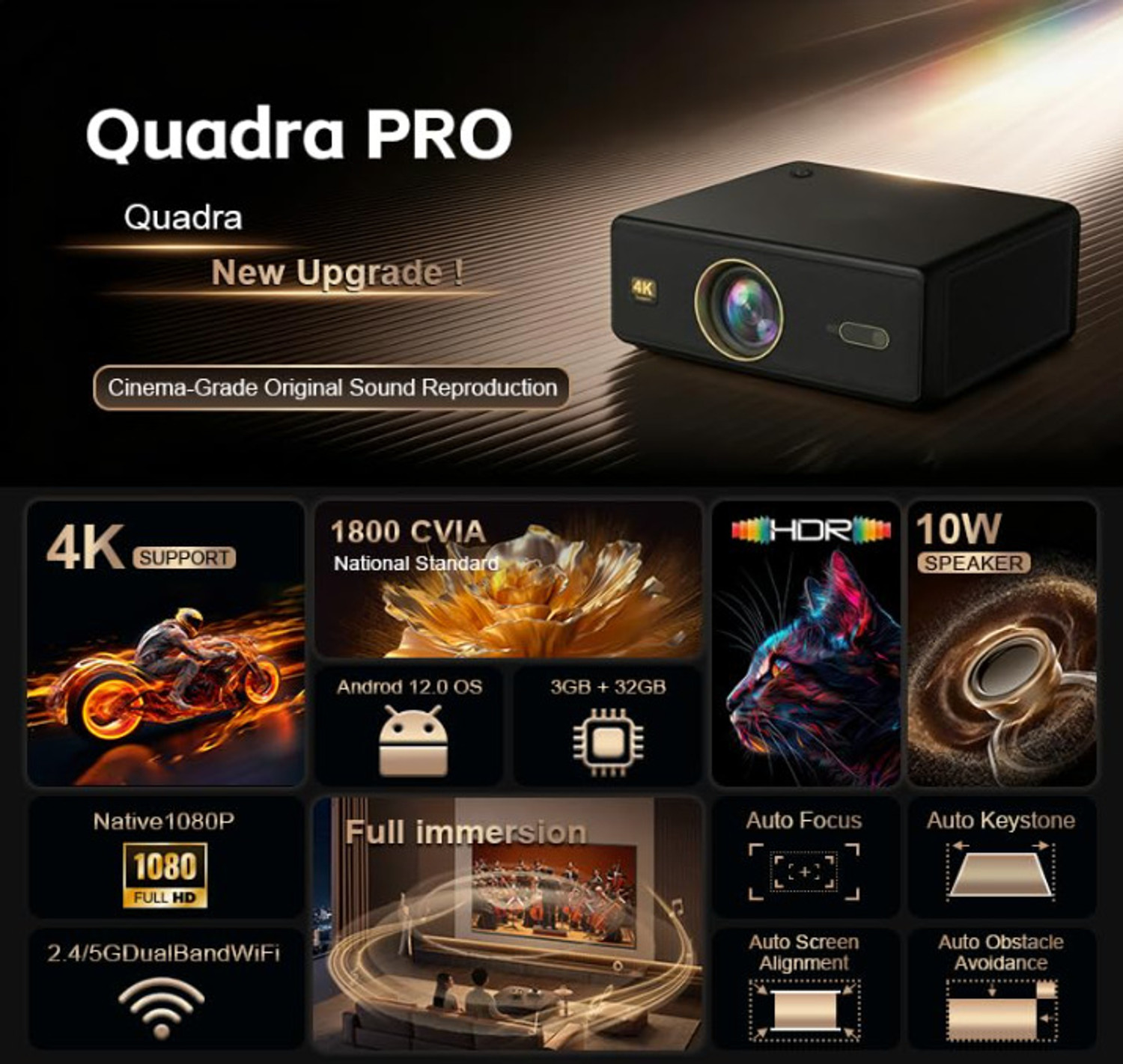 Image of AUN Legend Gold Pro 4K HDR10 30000l HDMI ARC 4K Ultra HD Fully Sealed AI Auto Focus (40000 lm / Wireless / Remote Controller) Portable Projector