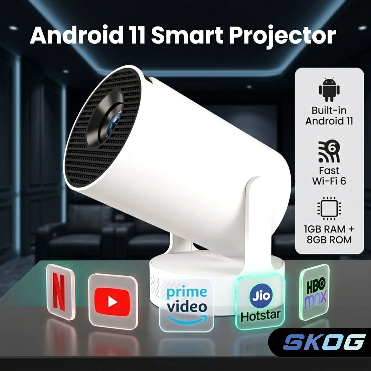 Image of SKOG Smart Projector, 4K HD Wifi6 /BT5, Android11, 180 Degree Rotation & Auto Keystone (4500 lm / 1 Speaker / Wireless / Remote Controller) Portable Projector
