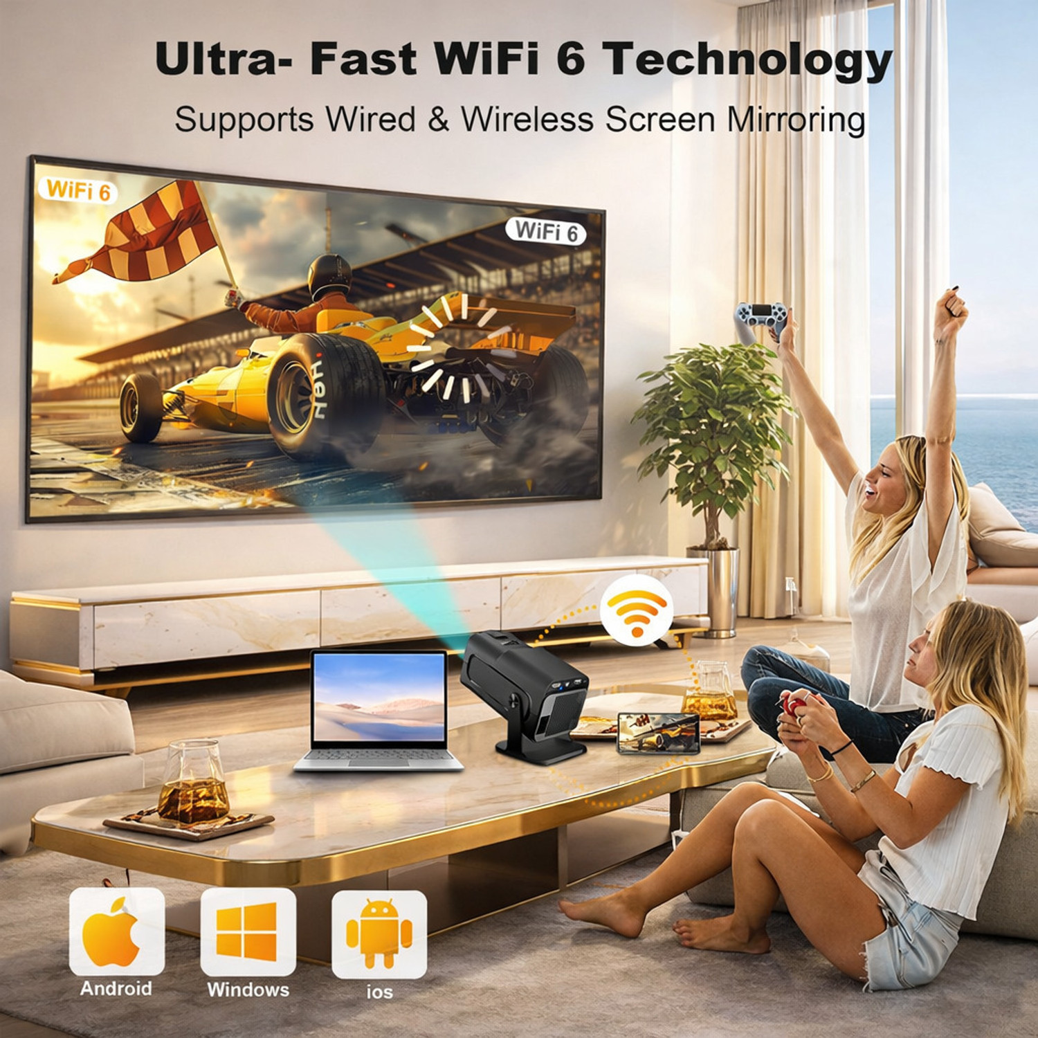 Image of Reysol Projector 13 Android Native 1080P 4K Support WIFI6 5G Wireless 8 GB Storage (10000 lm / 1 Speaker / Wireless / Remote Controller) Portable Projector