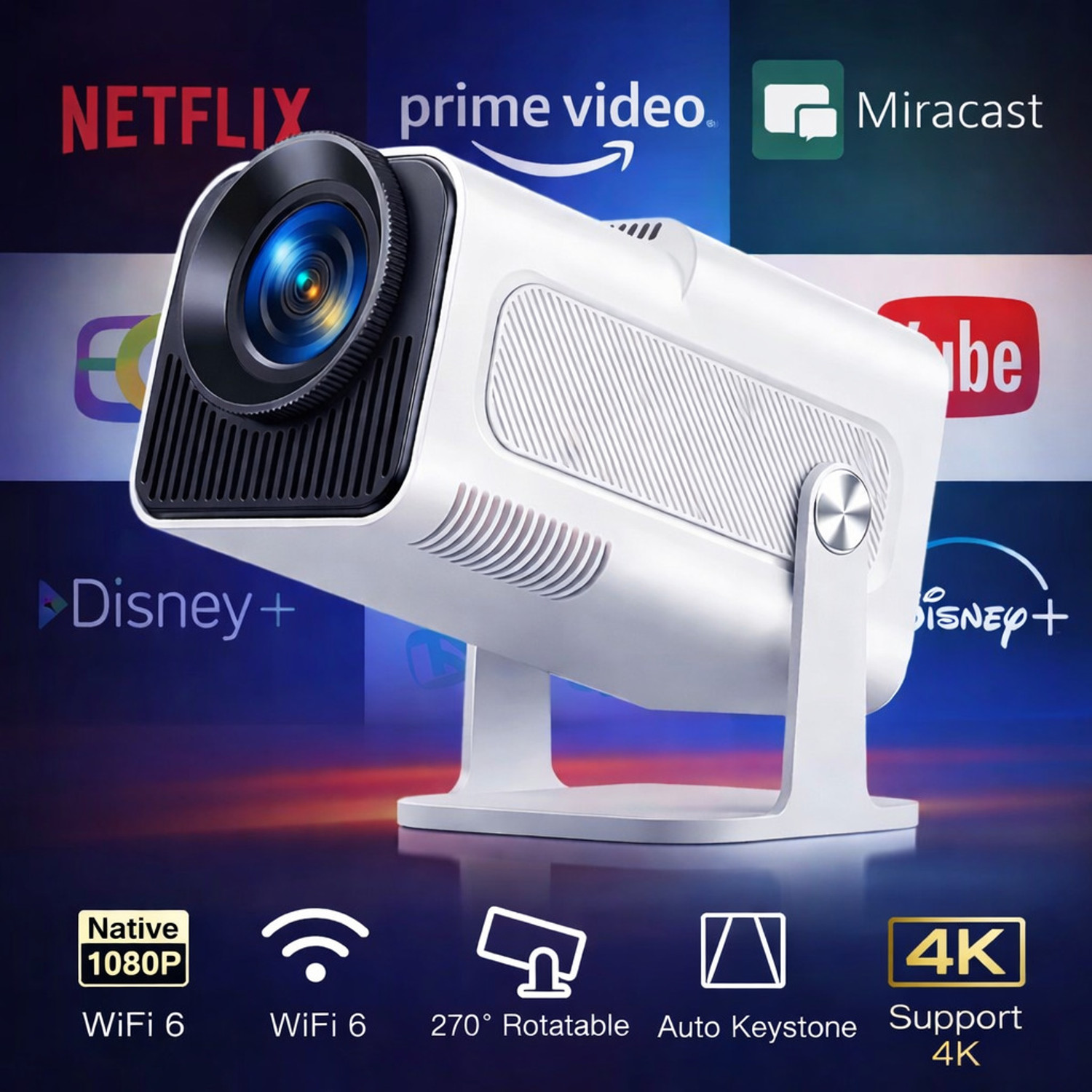 Image of Reysol Projector|Native 1080P|4K Support|WiFi 6|Miracast|270 Rotatable|Auto Keystone (20000 lm / 1 Speaker / Wireless / Remote Controller) Portable Projector