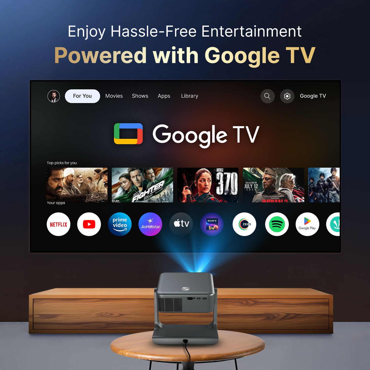 Image of CrossBeats Lumex Solis 1000 ANSI 4k Ultra HD [Google TV Official] 1080p Native, Android 14 (17200 lm / 2 Speaker / Wireless / Remote Controller) Portable Portable Home Theater Cinema, Smart mini with Built-in Apps, 300''Display Projector