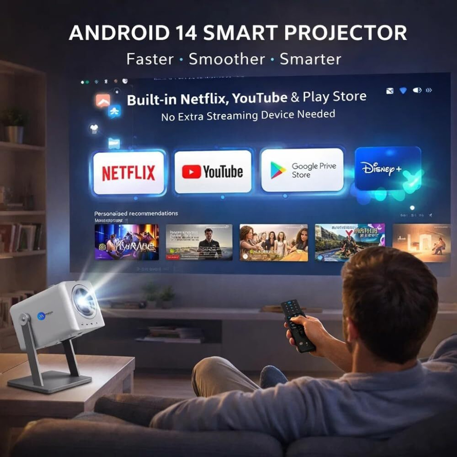 Image of Maizic Smarthome AVITAR 2K Smart LED Projector | Native 1080p | Android 14 | Netflix, YouTube (8000 lm / 1 Speaker / Wireless / Remote Controller) Portable Projector