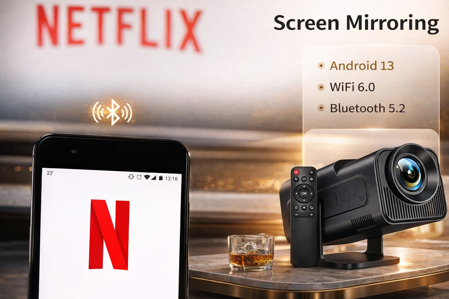 Image of Reysol Projector 13 Android Native 1080P 4K Support WIFI6 5G Wireless 8 GB Storage (10000 lm / 1 Speaker / Wireless / Remote Controller) Portable Projector