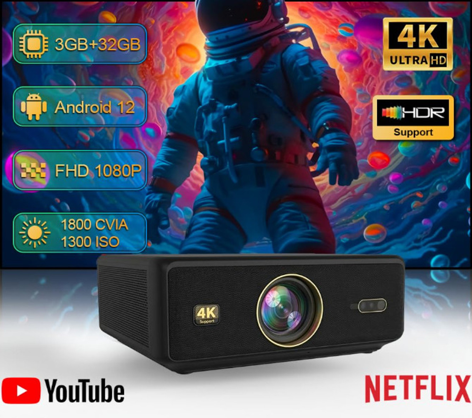 Image of AUN Legend Gold Pro 4K HDR10 30000l HDMI ARC 4K Ultra HD Fully Sealed AI Auto Focus (40000 lm / Wireless / Remote Controller) Portable Projector