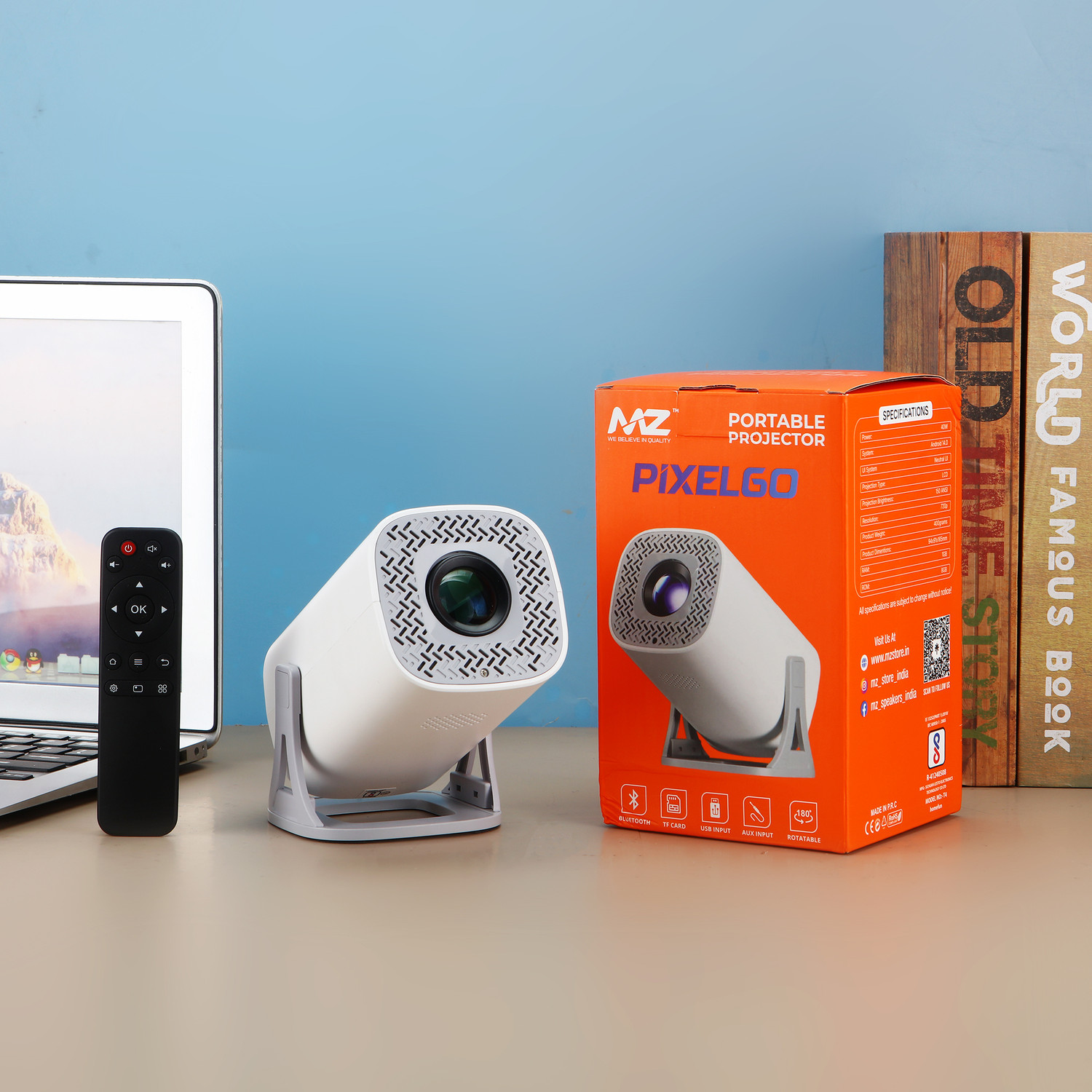 Image of MZ TP1 (MINI PROJECTOR) Bluetooth & Multiple Input 1GB RAM & 8GB ROM 180 Rotatable (150 lm / 1 Speaker / Wireless / Remote Controller) Portable Projector
