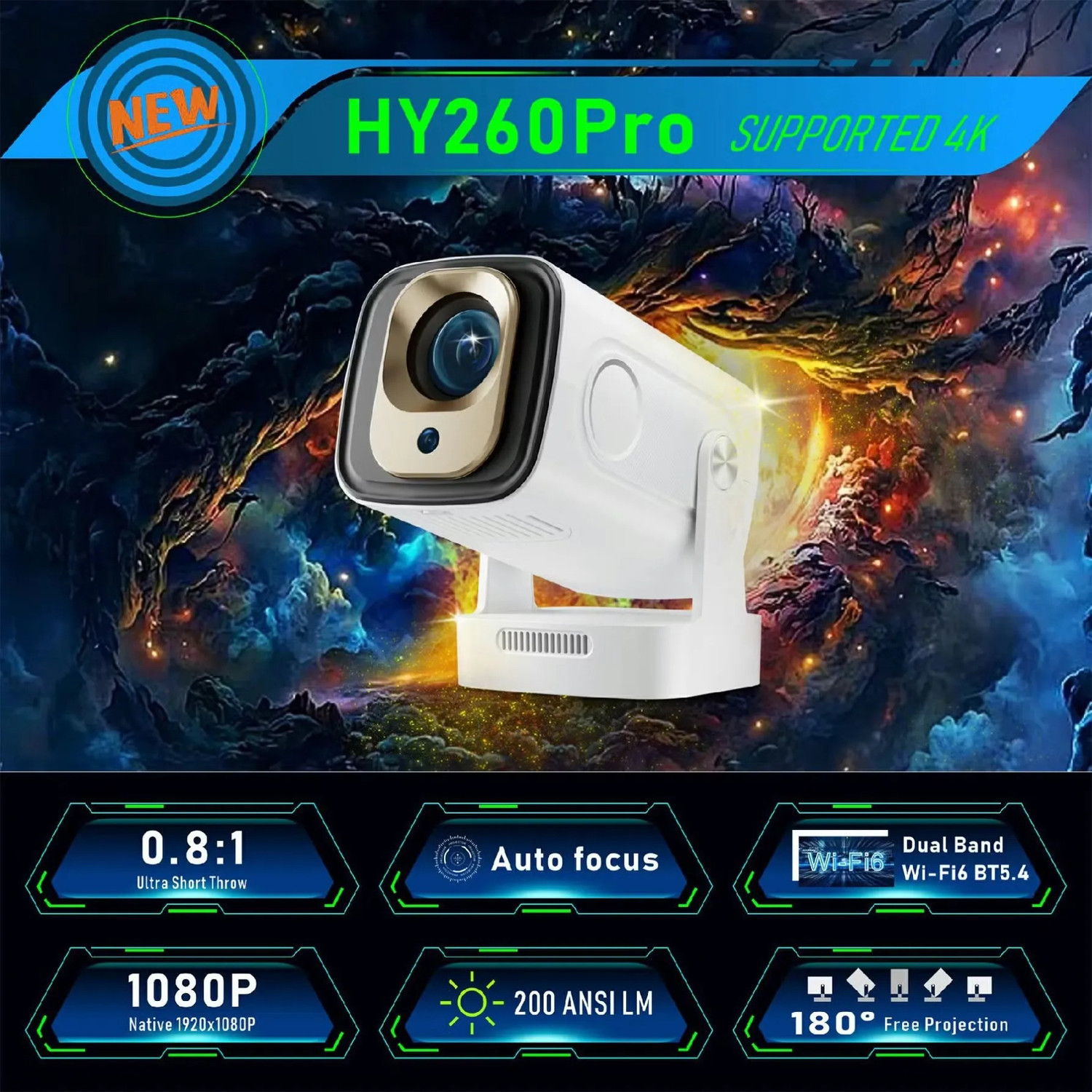 Image of Divine creation HY 260 Smart HD LED Projector with WiFi Built-in Speaker Dual Band WiFi D71 (8000 lm / 1 Speaker / Wireless / Remote Controller) Portable Projector
