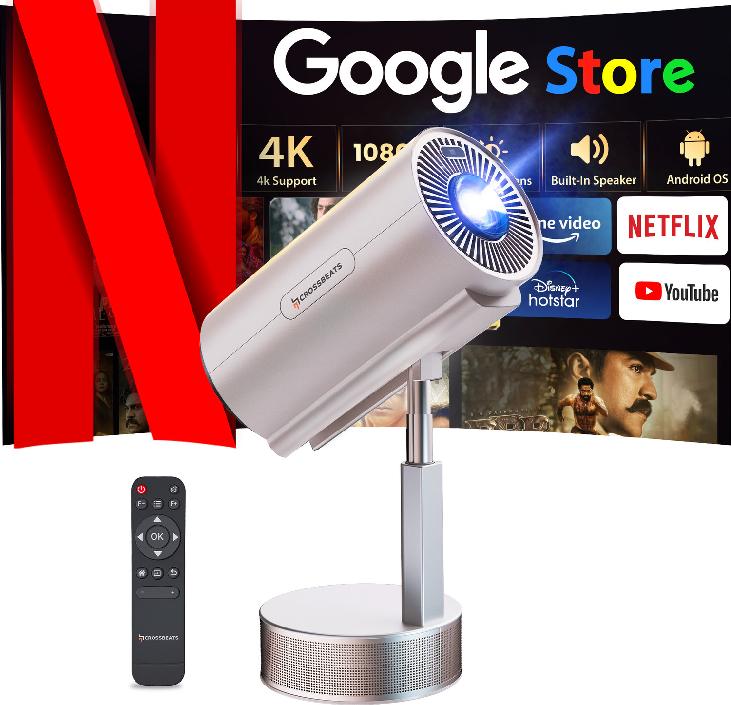 Image of CrossBeats Lumex Pro Smart 4k Ultra HD, 1080P (14000 lm / 1 Speaker / Wireless / Remote Controller) Portable Android 13 Built-in Apps Netflix, Prime, 300 inch Wide Display Projector