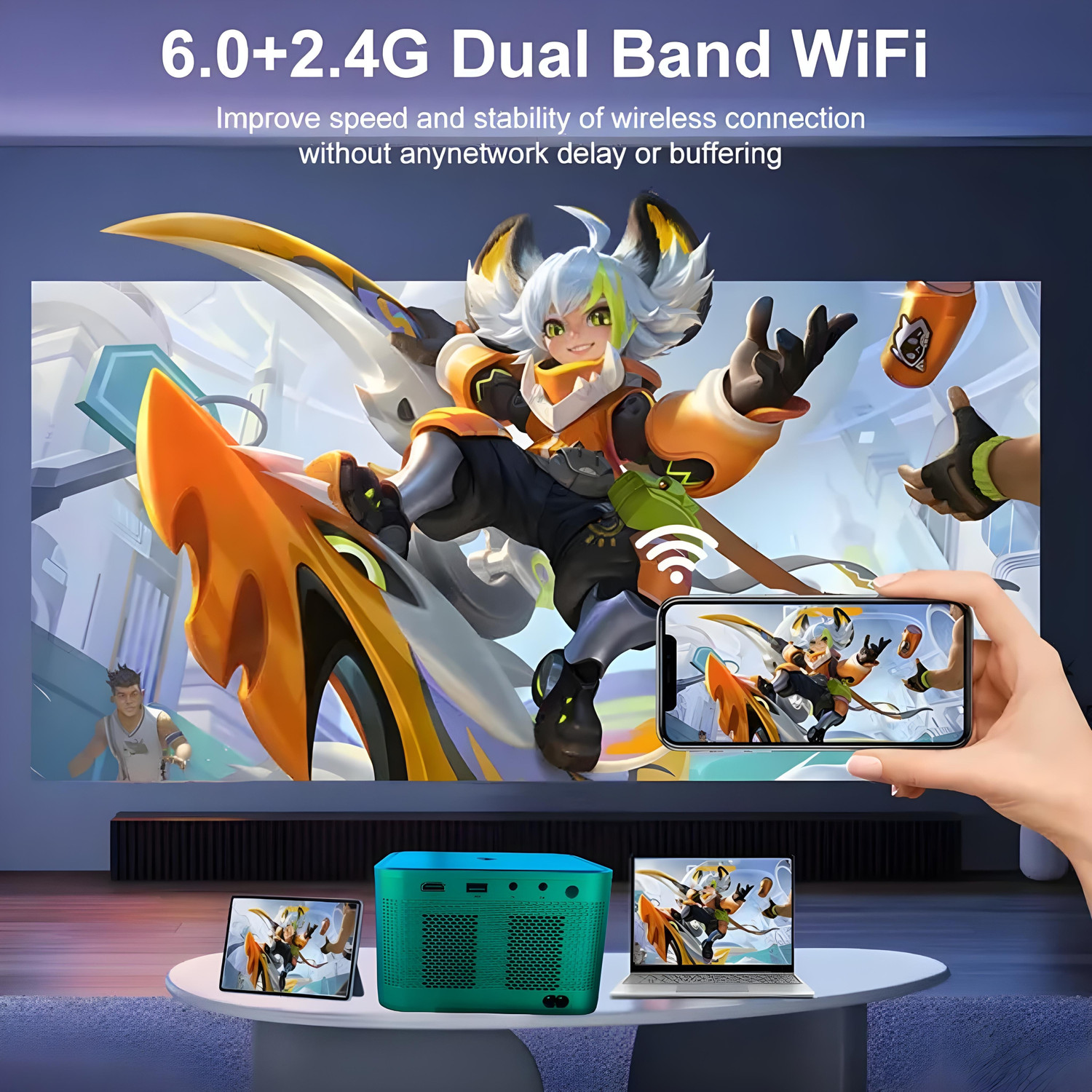 Image of Omexcart 4K Decoding Android Wifi6 BT 5.1 Short Throw 6D Keystone Dolby Dual Wi-Fi (6500 lm / 2 Speaker / Wireless / Remote Controller) Portable Projector