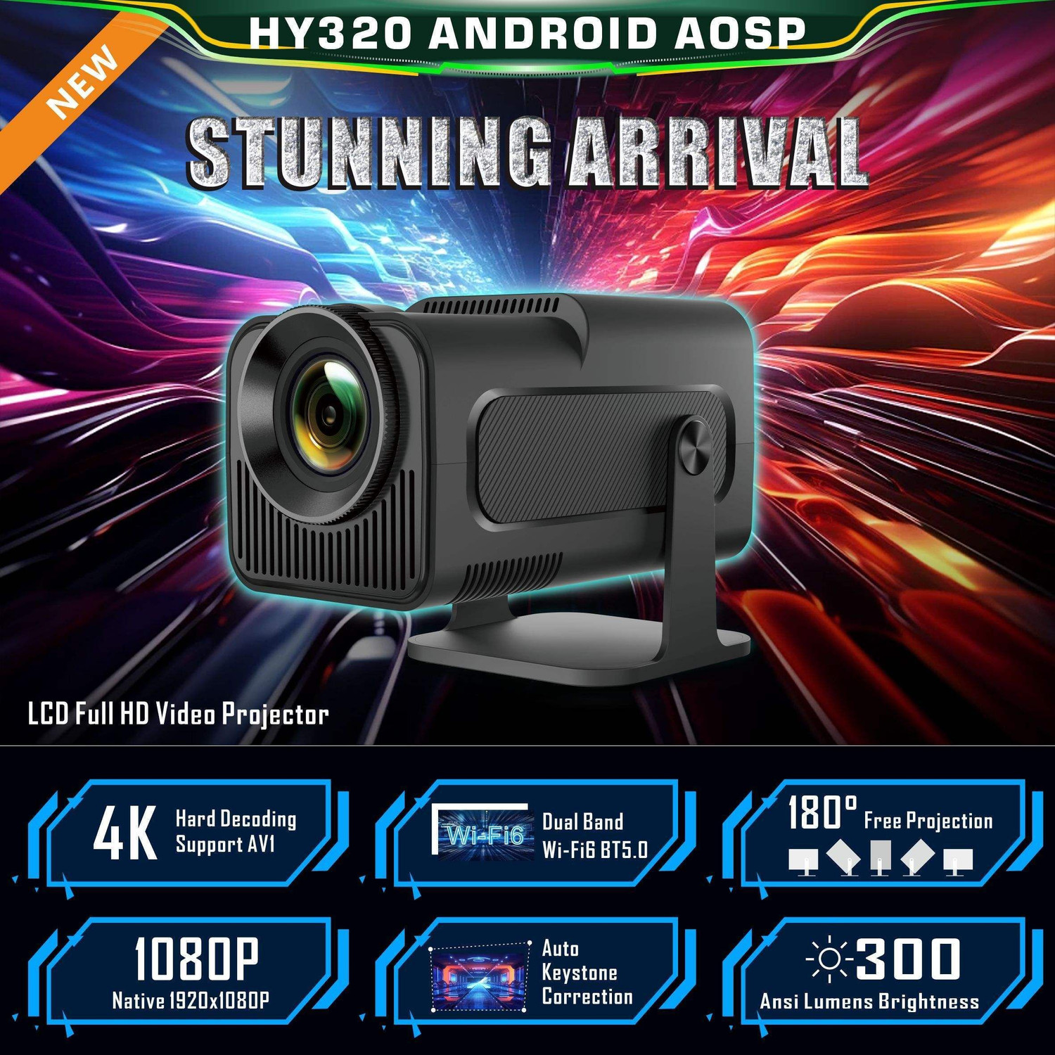 Image of Nexscan HY320 Mini 4K Support,Native HD Android /Wifi /Bluetooth Autokeystone Freestyle (5000 lm / 1 Speaker / Wireless / Remote Controller) Portable Projector